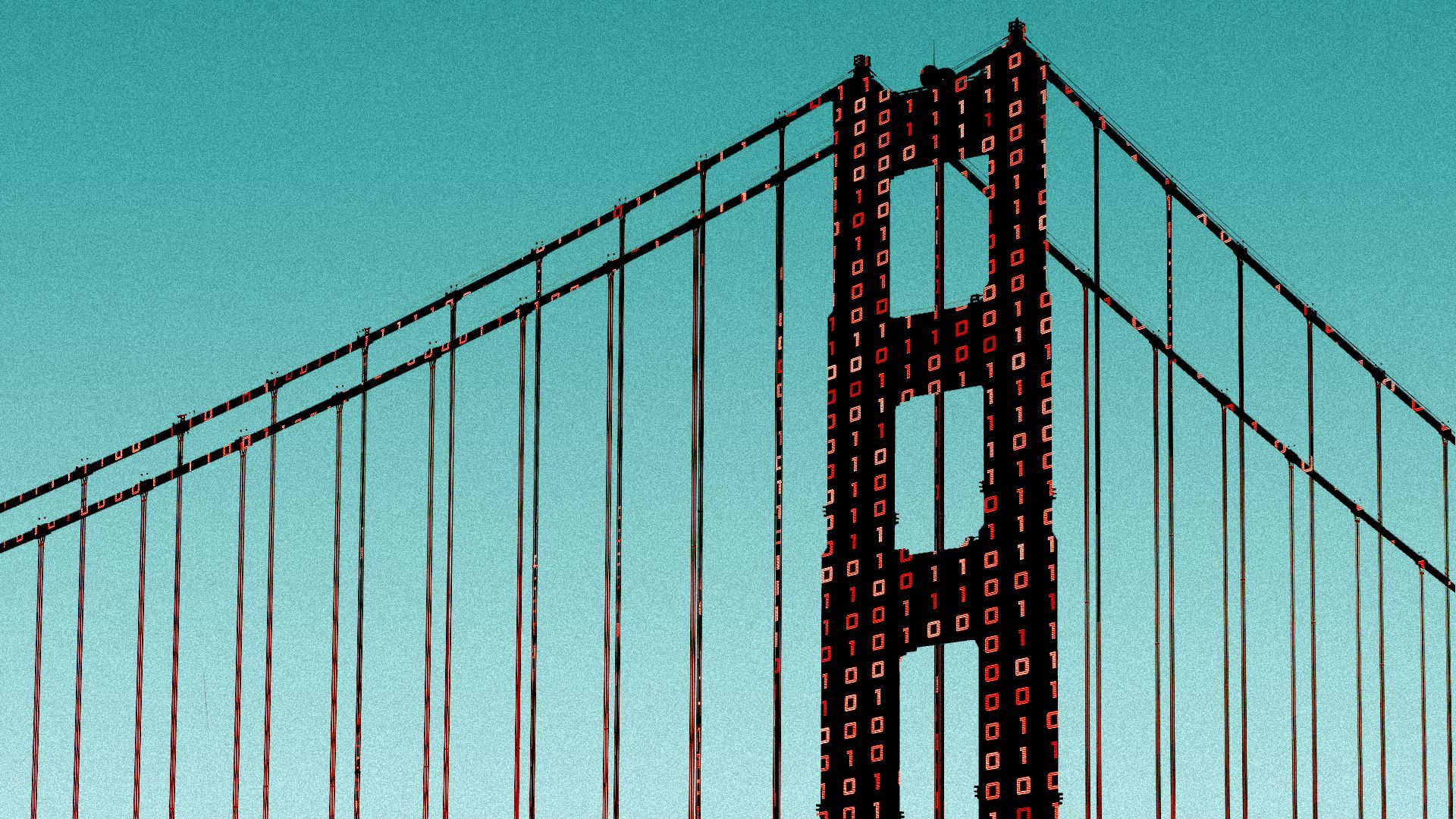 Illustration of the Golden Gate Bridge silhouetted and covered with red binary code.
