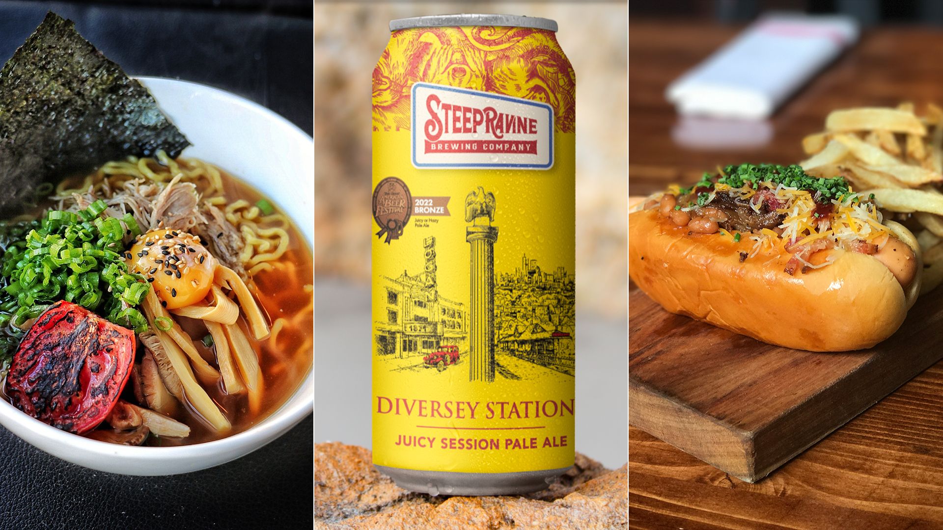 ramen, beer and hot dog