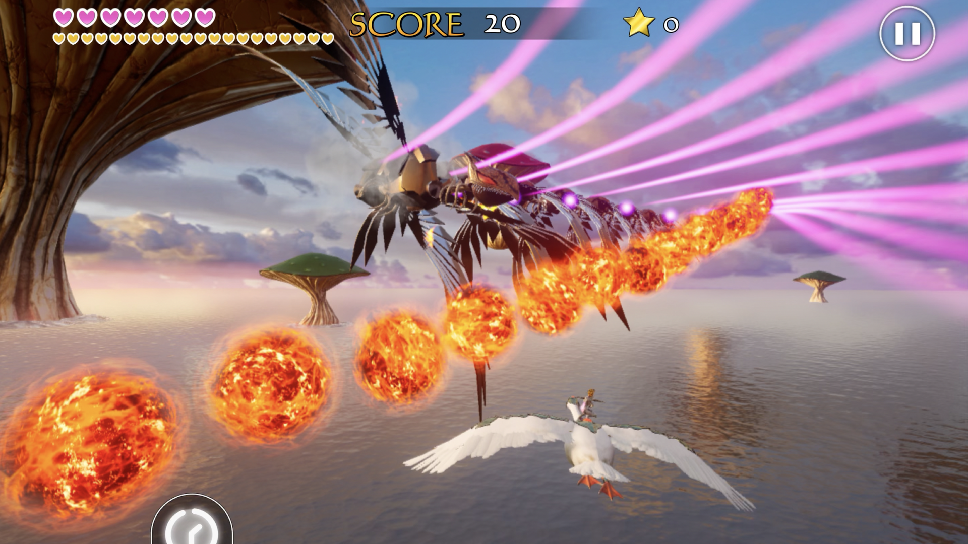 Video game screenshot of aerial combat involving a bird, fireballs and pink lasers