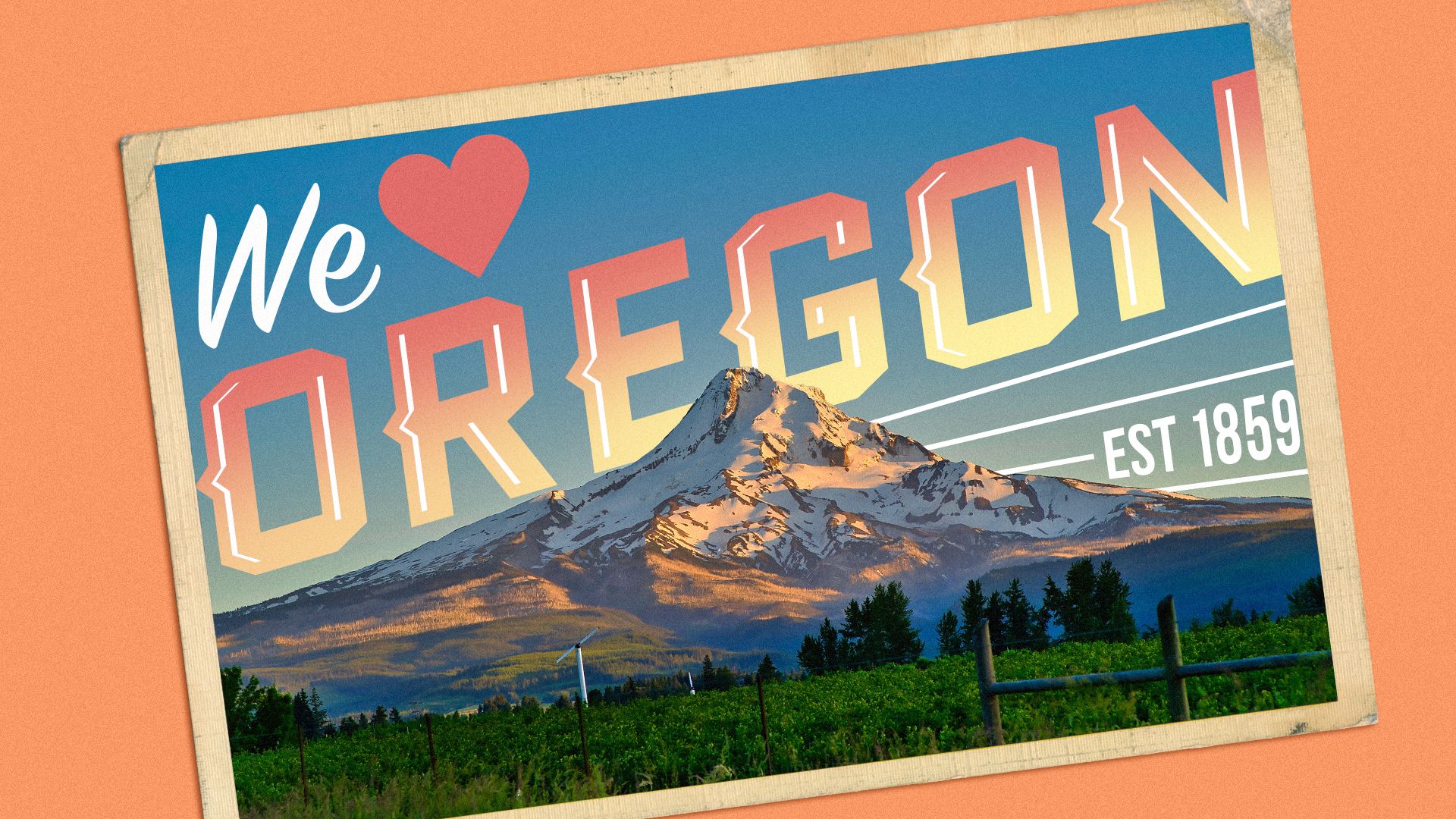 Illustration of Mt. Hood on a postcard.