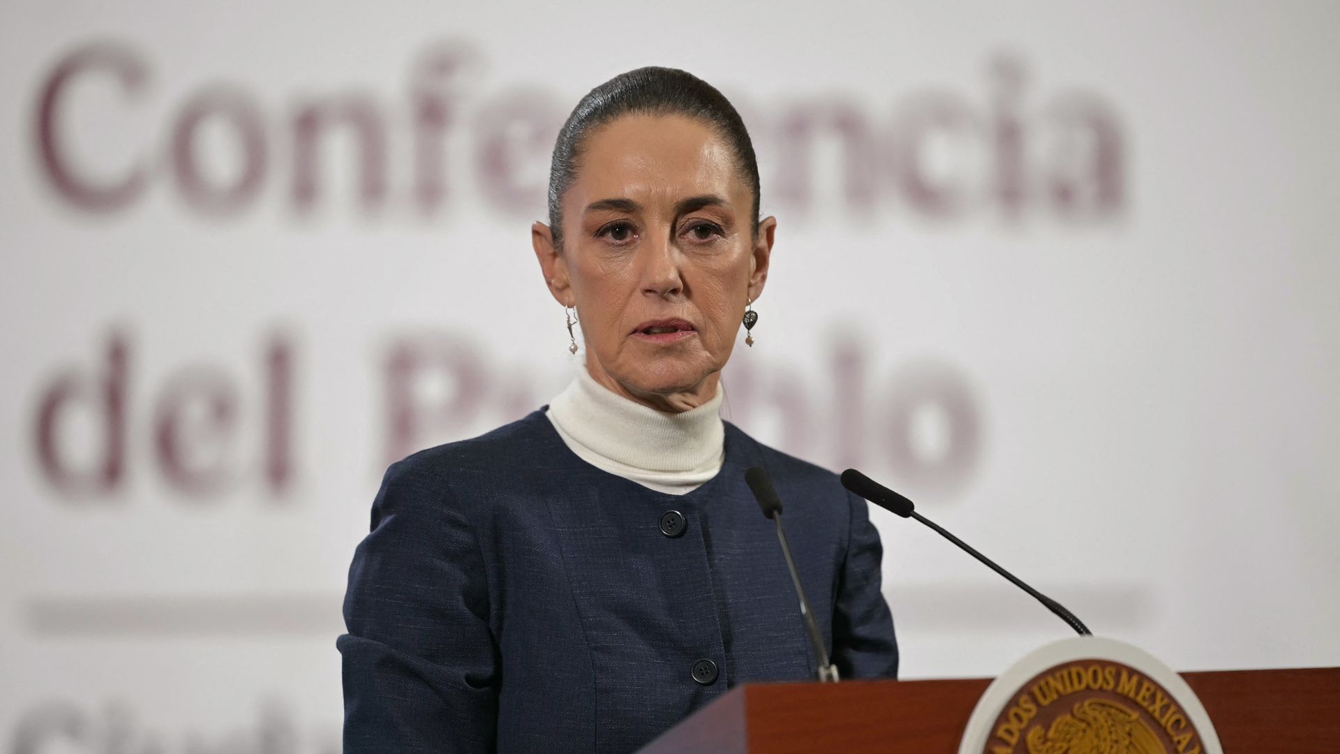 Claudia Sheinbaum speaks during her daily press conference at the National Palace in Mexico City on February 3, 