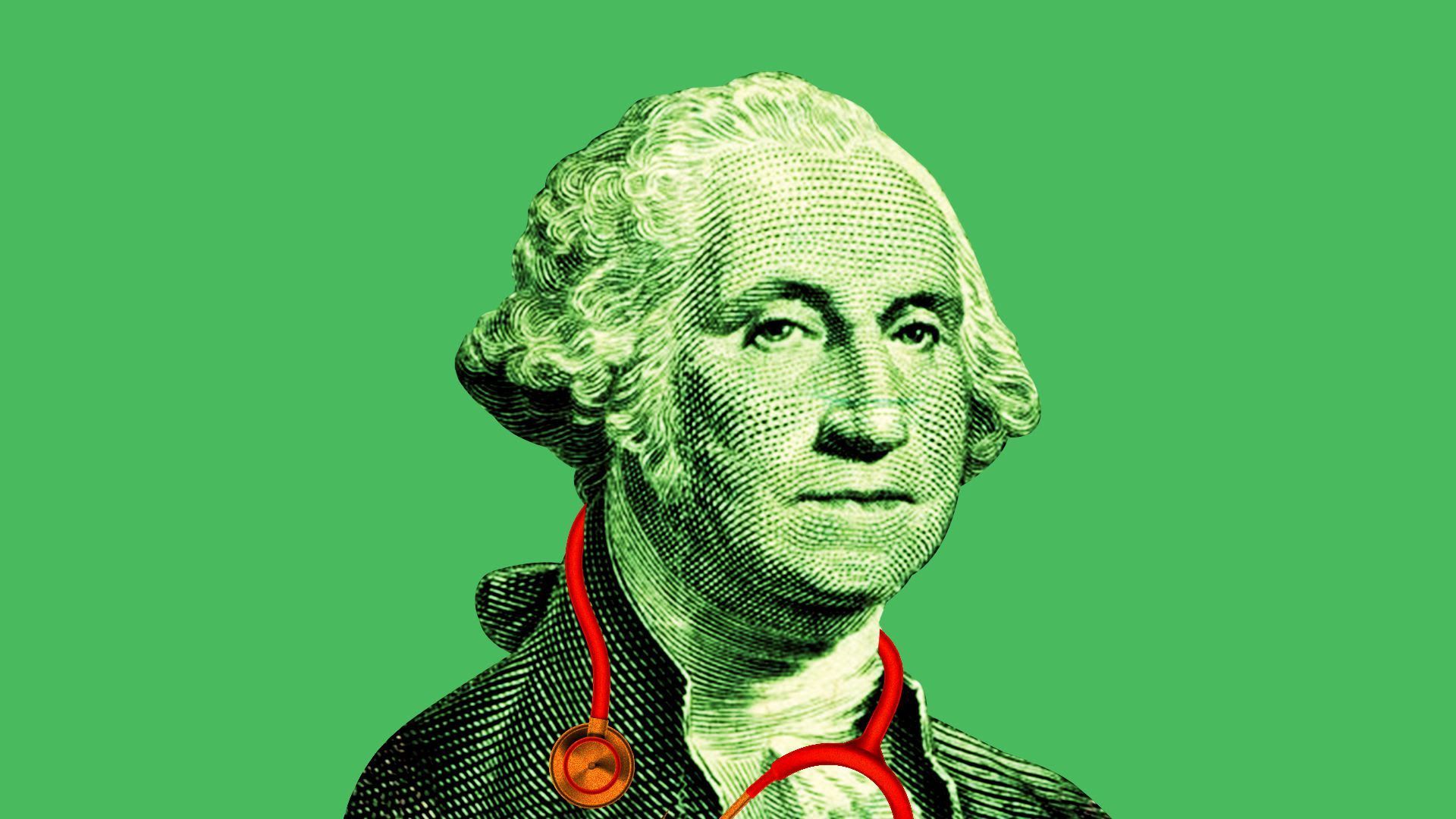 Dollar bill version of George Washington with a stethoscope around his neck.