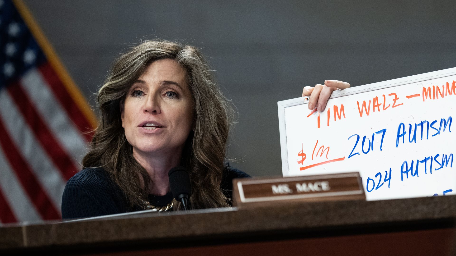 A woman with wavy brown hair speaks at a hearing, holding a whiteboard with red and blue writing, an American flag is blurred in the background. Nameplate reads "MRS. MACE."