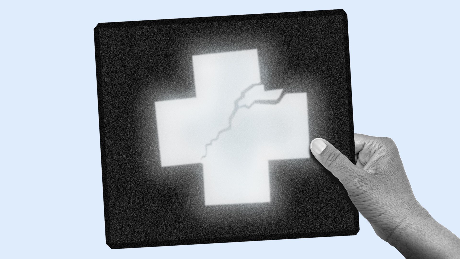 Illustration of a cracked health plus symbol in an x-ray.
