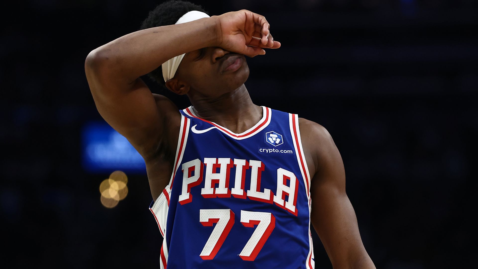 Vj Edgecombe covers his face during the second half of the Sixers' Game 1 loss to the Boston Celtics.