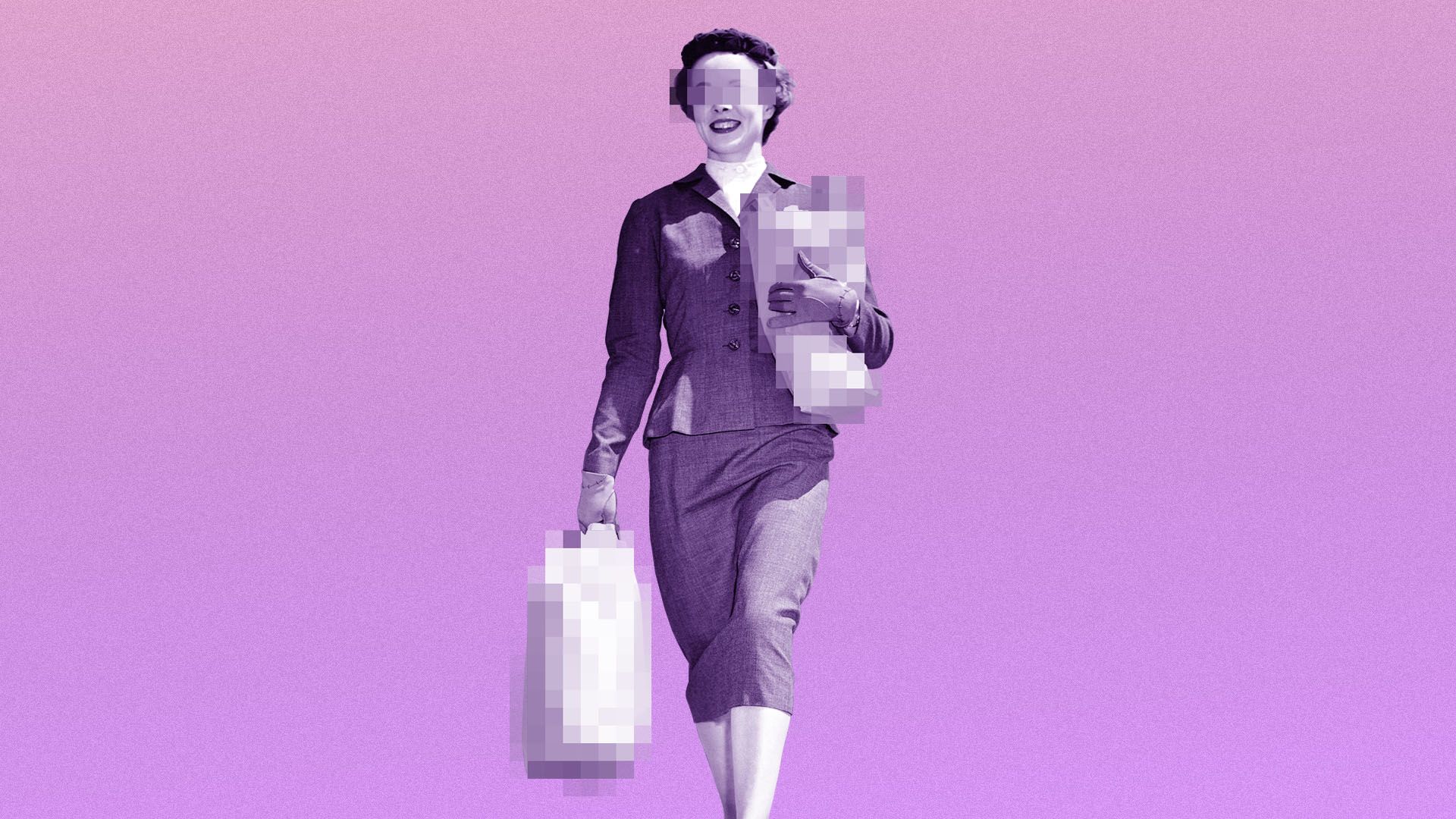 Illustration of a woman with pixelated eyes in vintage style holding pixelated shopping bags