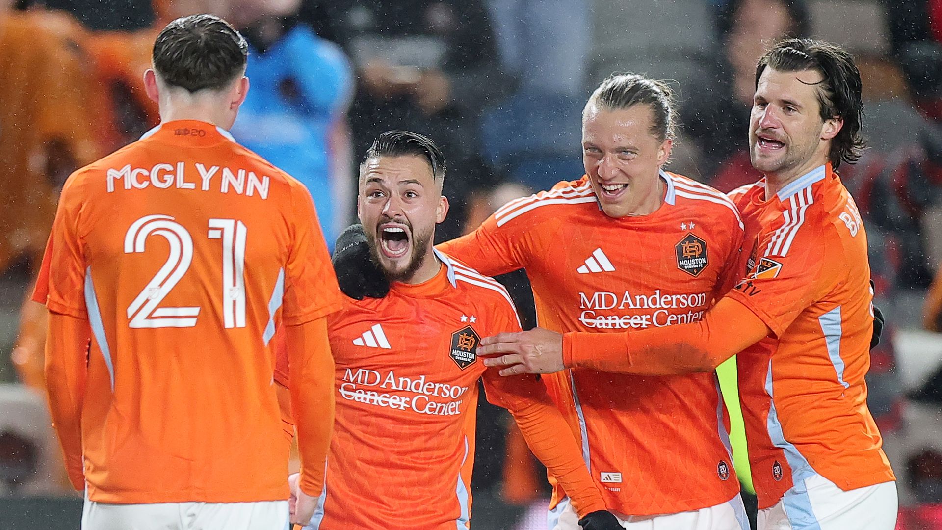 Dynamo players celebrate a goal