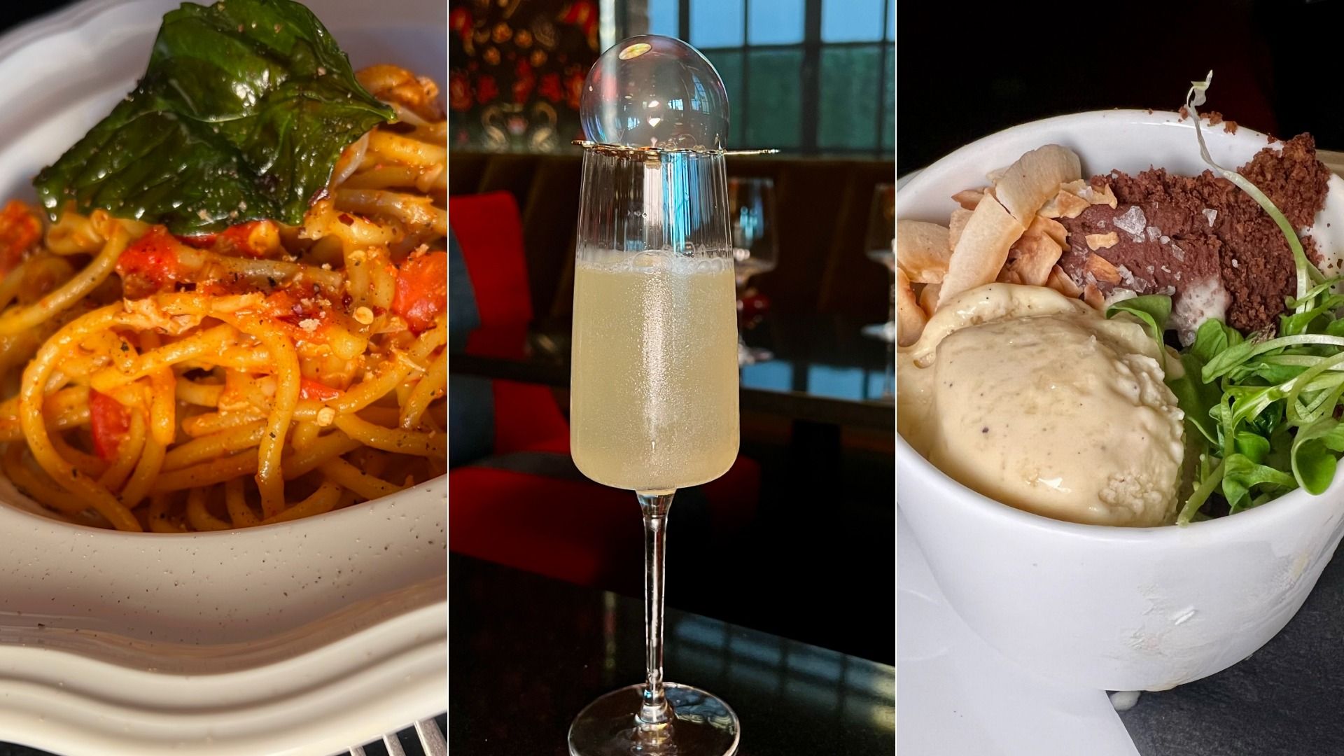 A triptych showing left: pasta with tomato sauce and a fresh basil leaf; middle: a tall champagne flute of pale sparkling drink; right: a bowl of dessert with ice cream, chocolate, and nuts.