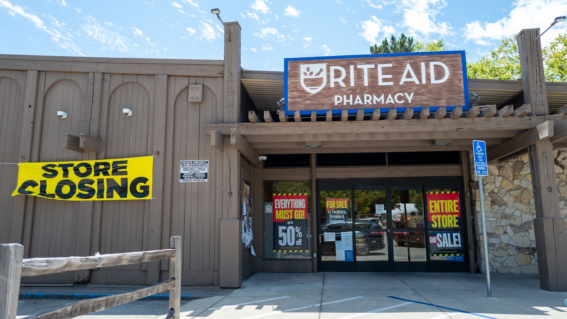 Store closing signs are posted on the doors of a Rite Aid pharmacy