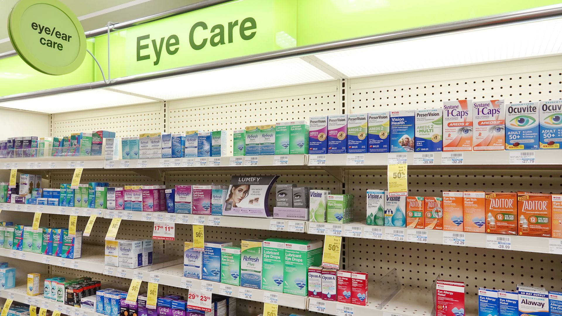 Eye care product display at a CVS store