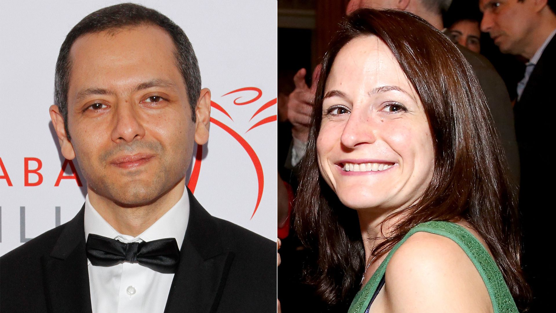 Side-by-side photos of a man in a black tuxedo with a bow tie against a white background, and a smiling woman in a green sleeveless top at a crowded event.
