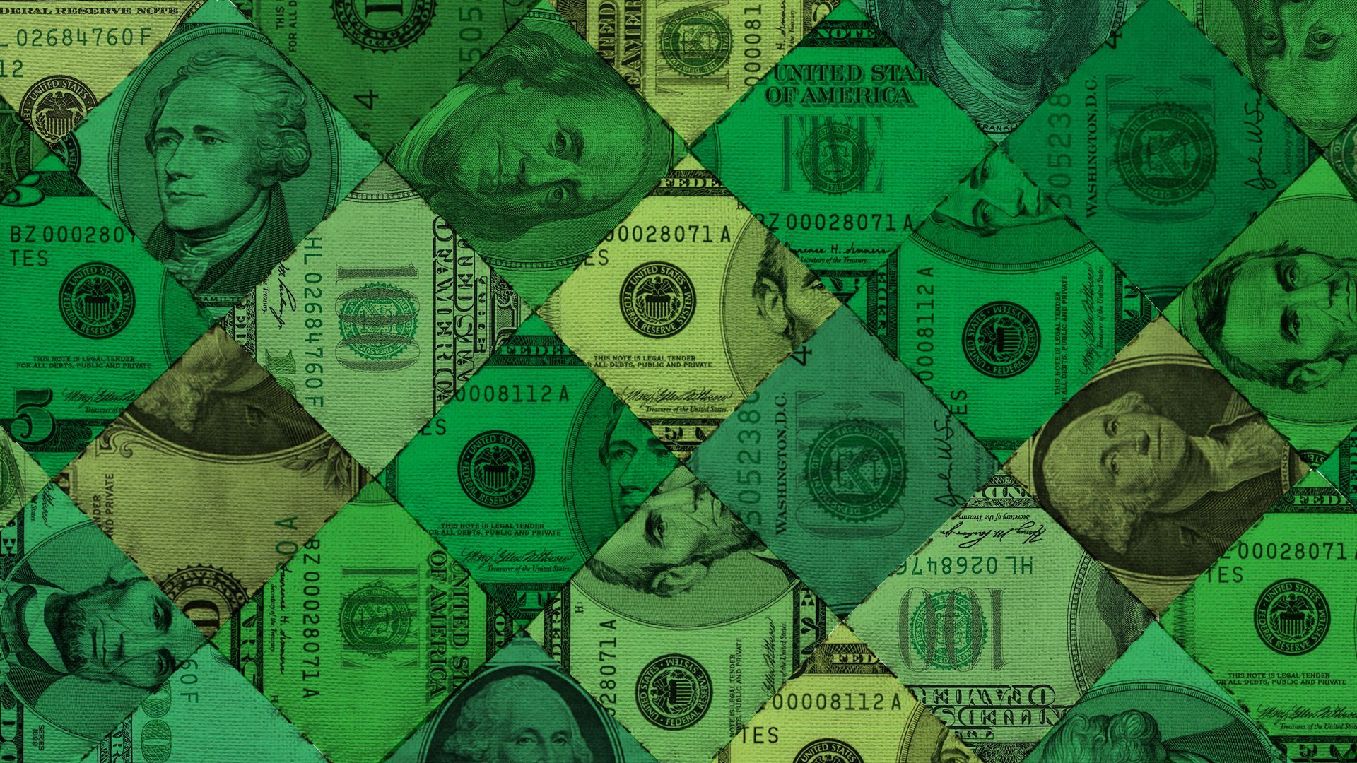 Illustration of a close up of a quilt pattern made of different cut outs of various bills.  