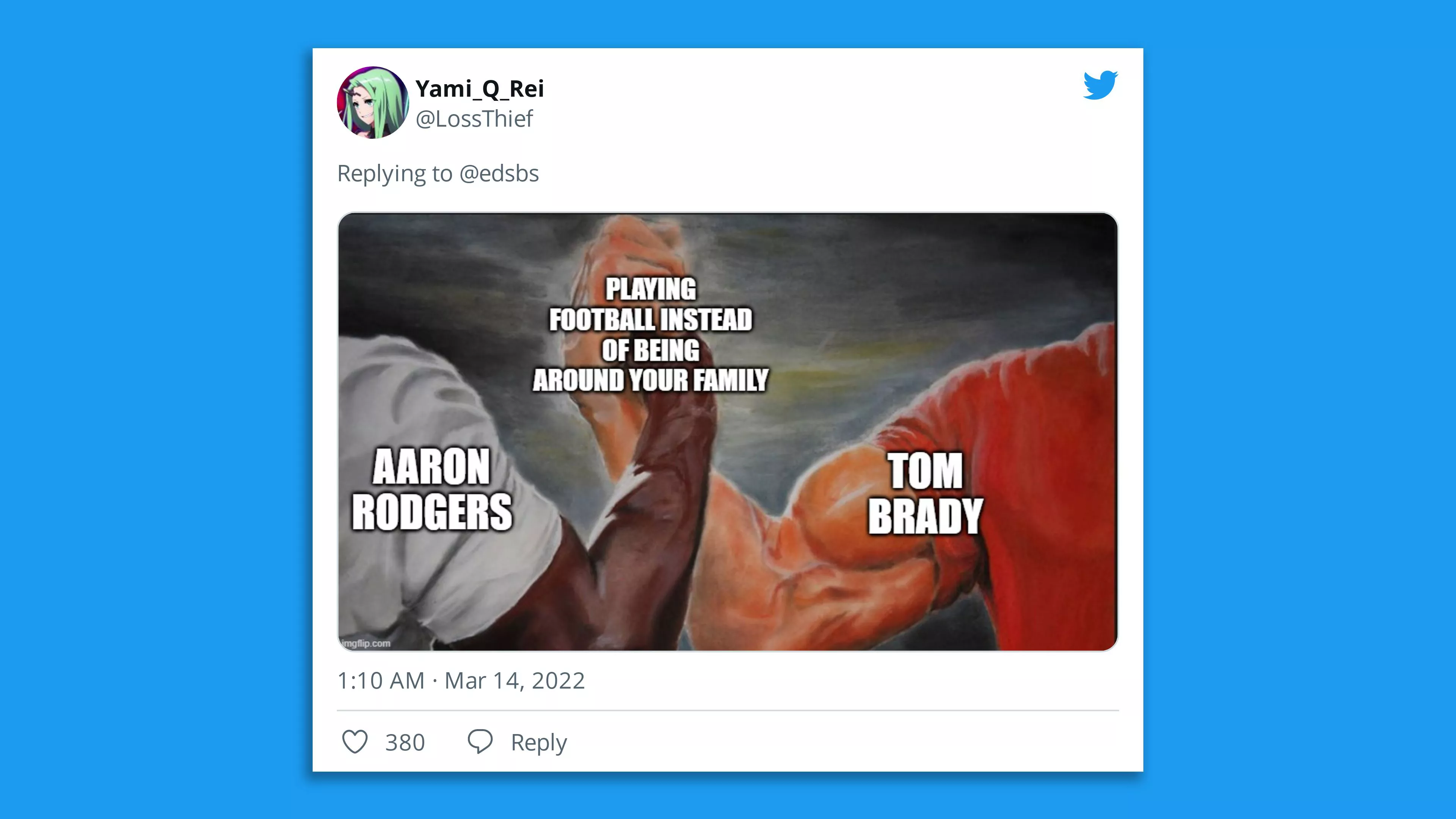 A screenshot of a tweet with a meme about Tom Brady and Aaron Rodgers