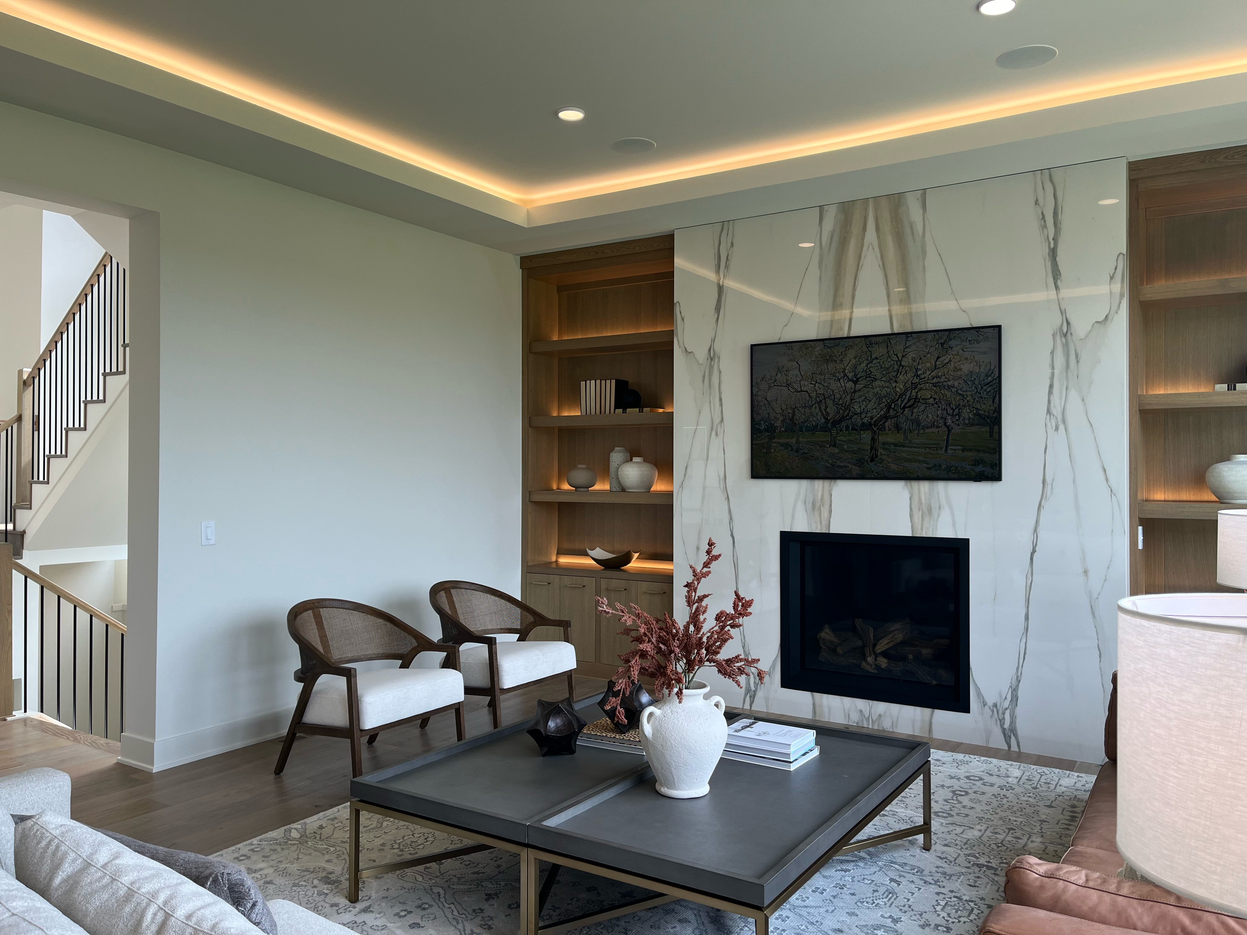 A quartz living room fireplace