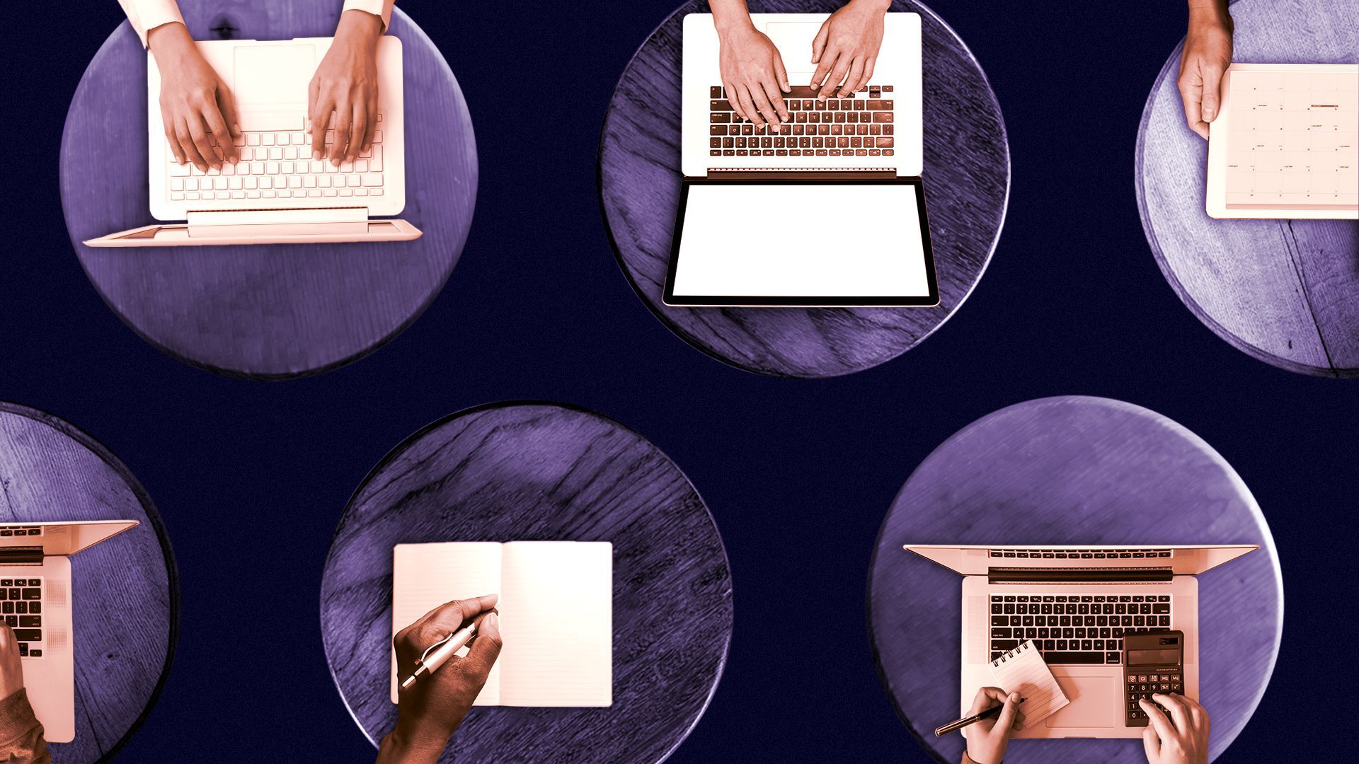 Illustration of an overhead view of many different hands and computers on small round tables