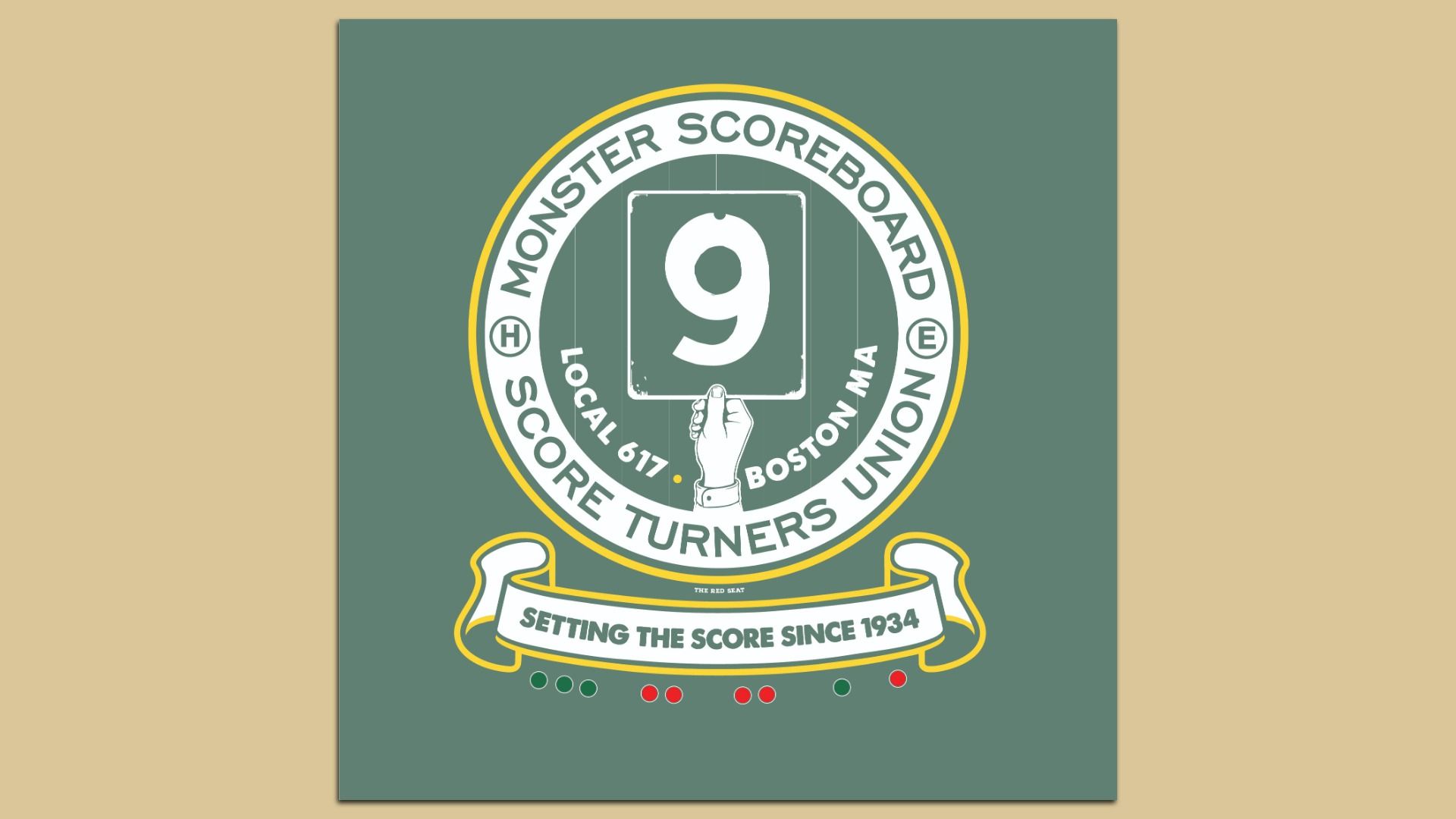 Teal poster with a white circular badge outlined in yellow. A green card showing the number 9 is held by a white gloved hand; the badge includes a banner reading "SETTING THE SCORE SINCE 1934".