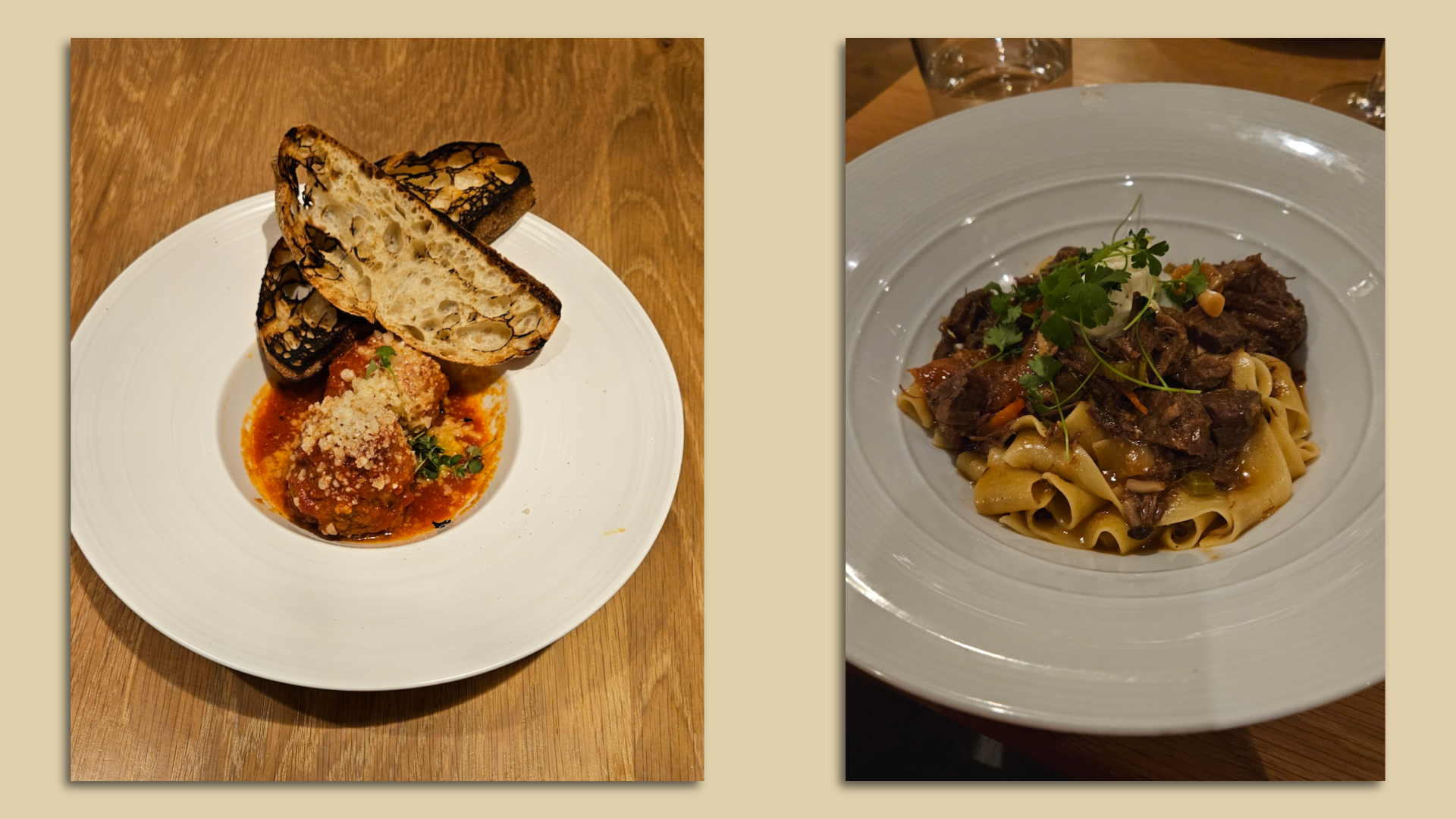 Meatballs with toasted bread, left, and short rib pappardelle. 