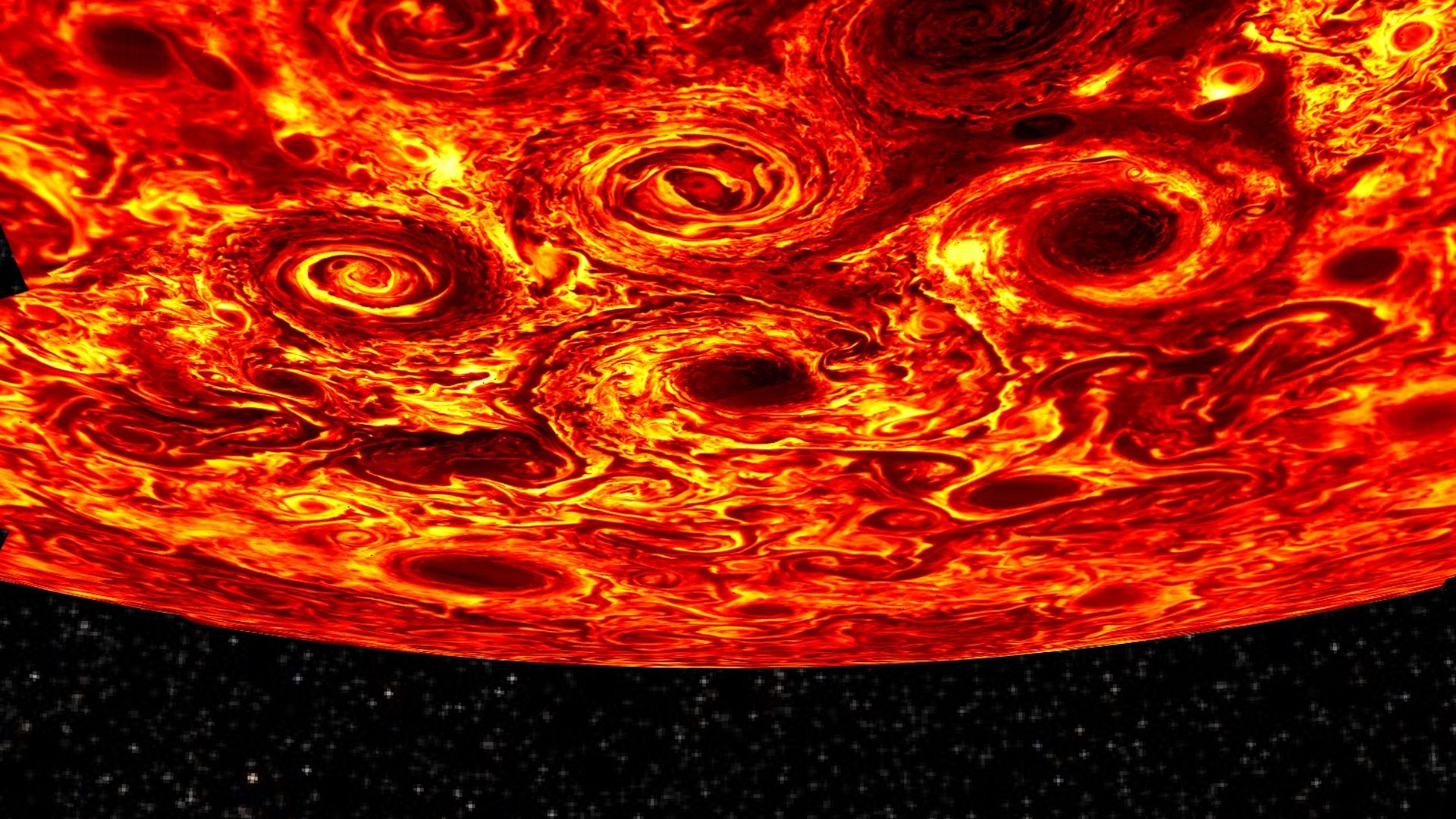 Heat radiating from cyclones on Jupiter's South Pole.