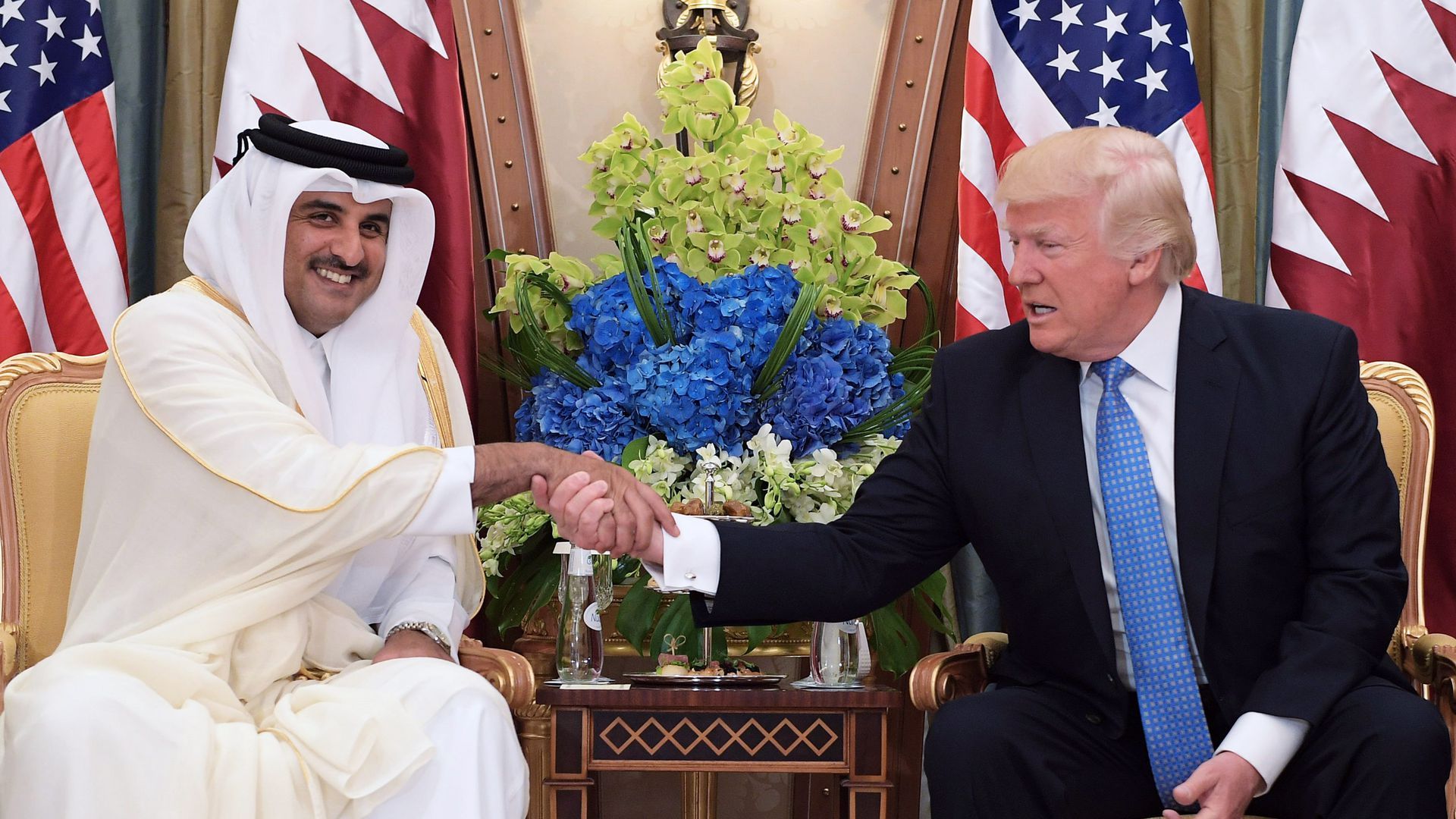 U.S. President Donald Trump and Qatar's Emir Sheikh Tamim Bin Hamad Al-Thani take part in a bilateral meeting in Riyadh on May 21, 2017. Photo: MANDEL NGAN / AFP / Getty Images