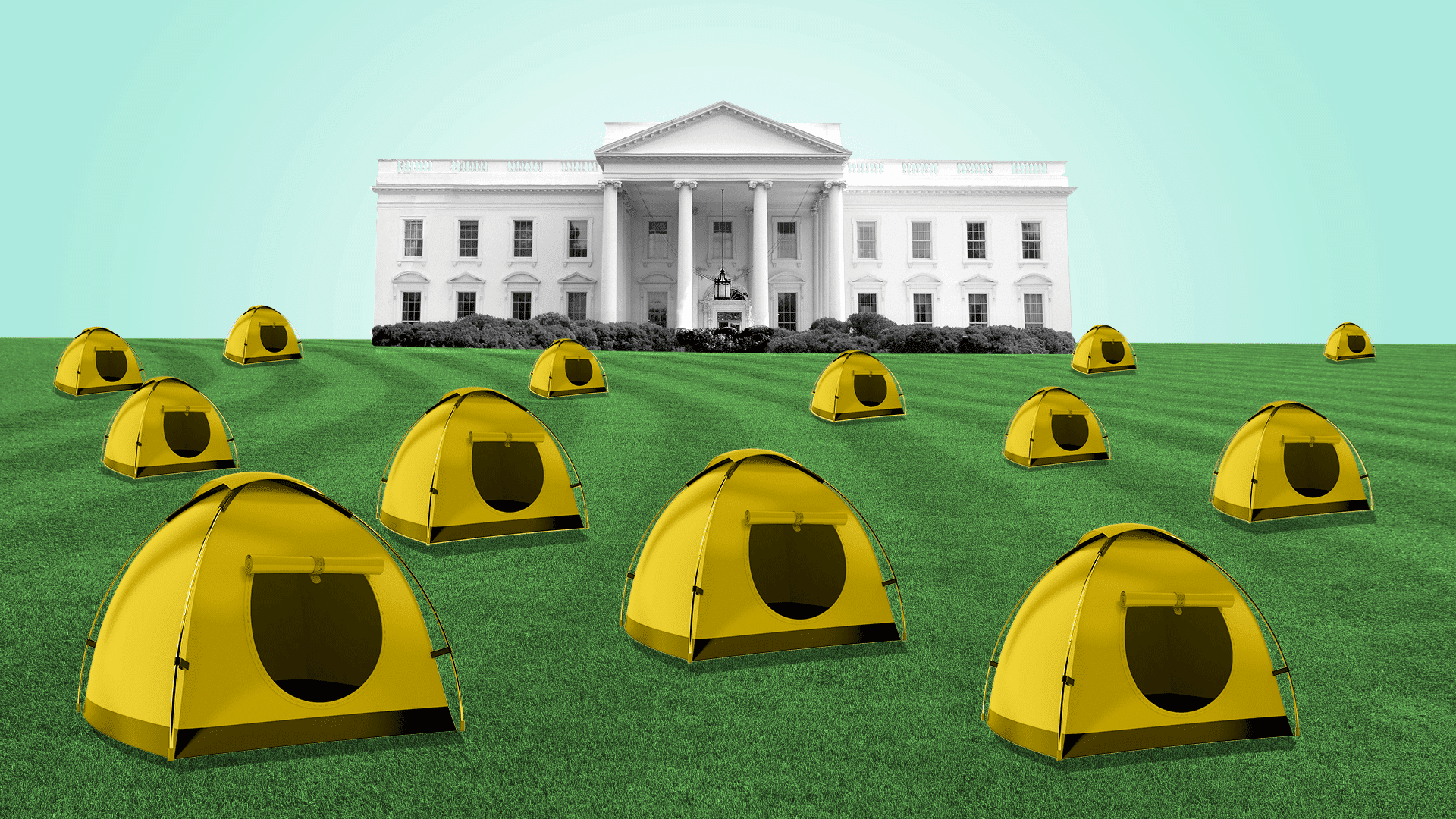 Illustration of White House with tents out front.