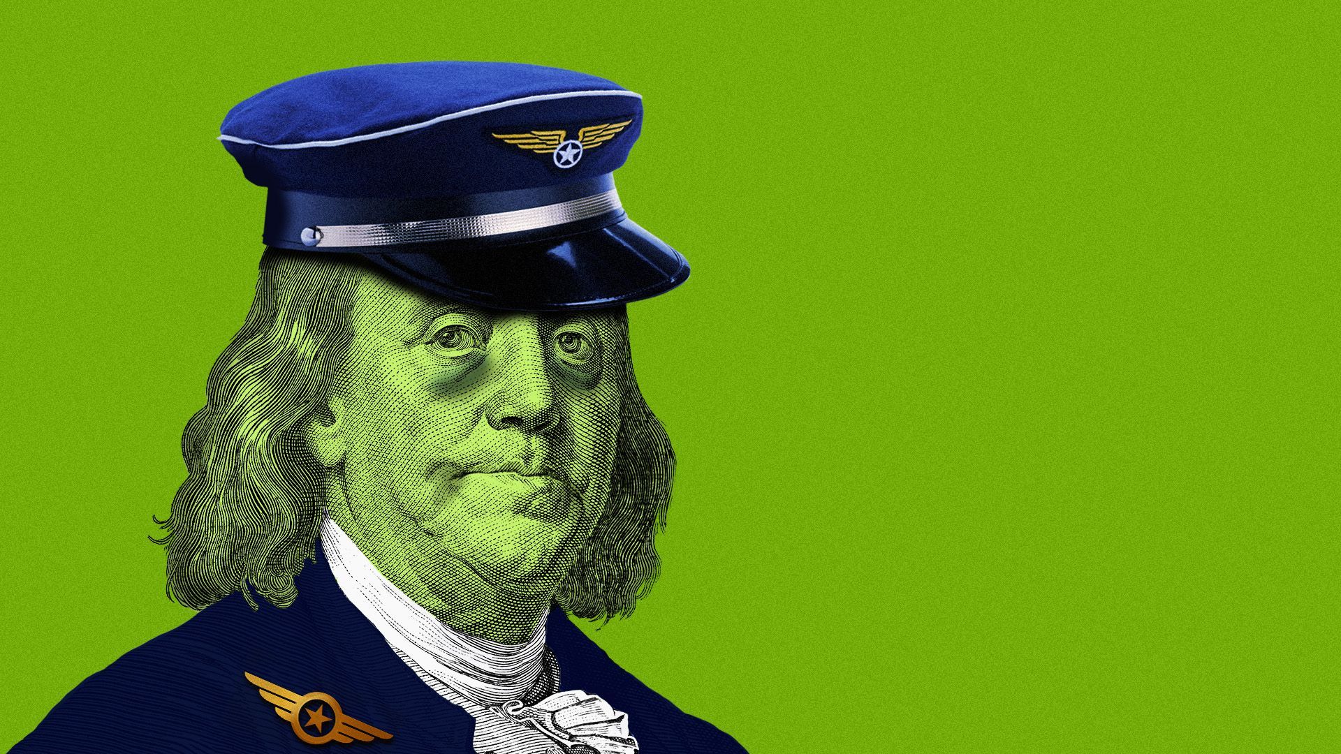 Illustration of Benjamin Franklin from a hundred dollar bill with bags under his eyes wearing a pilot's uniform 