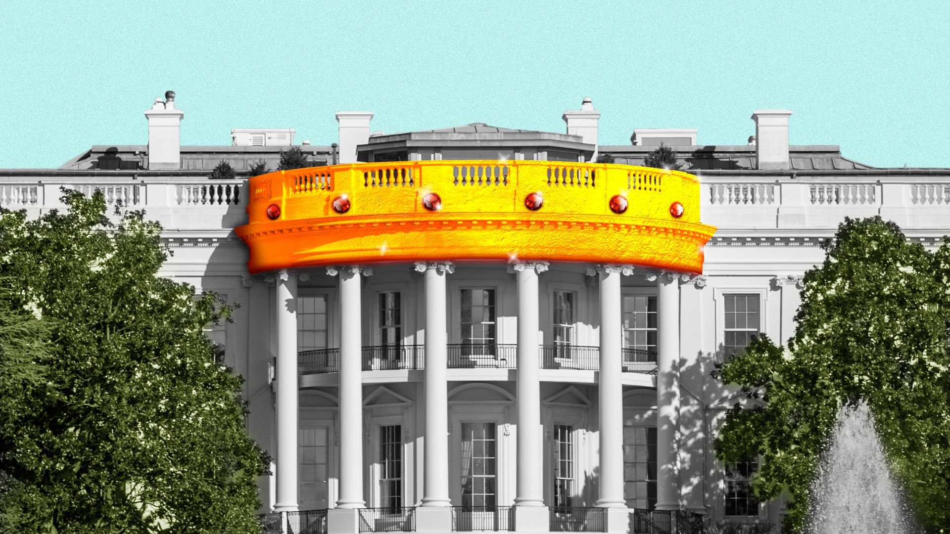 Illustration of the back of the White House with the top in the shape of a golden crown