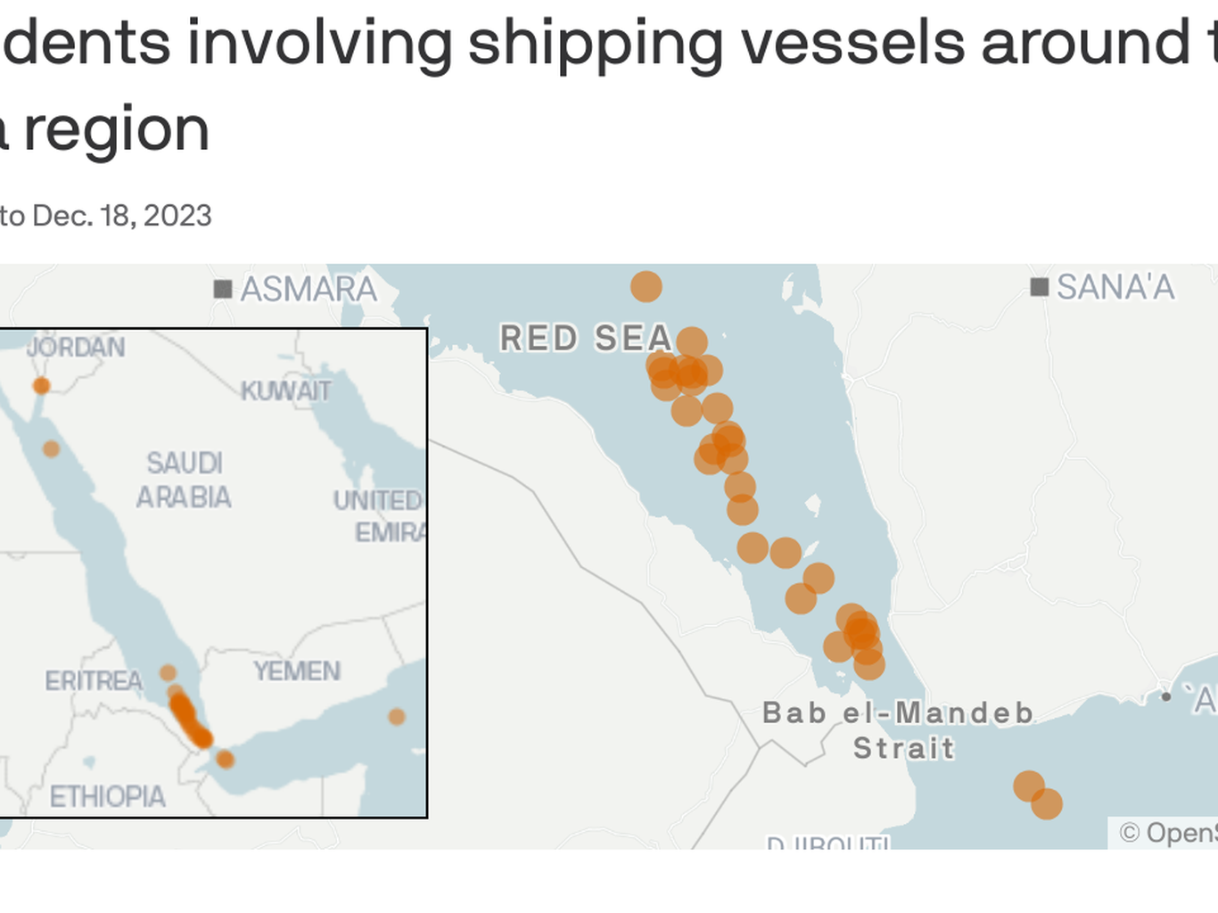 Houthi shipping vessel attacks in Red Sea, mapped