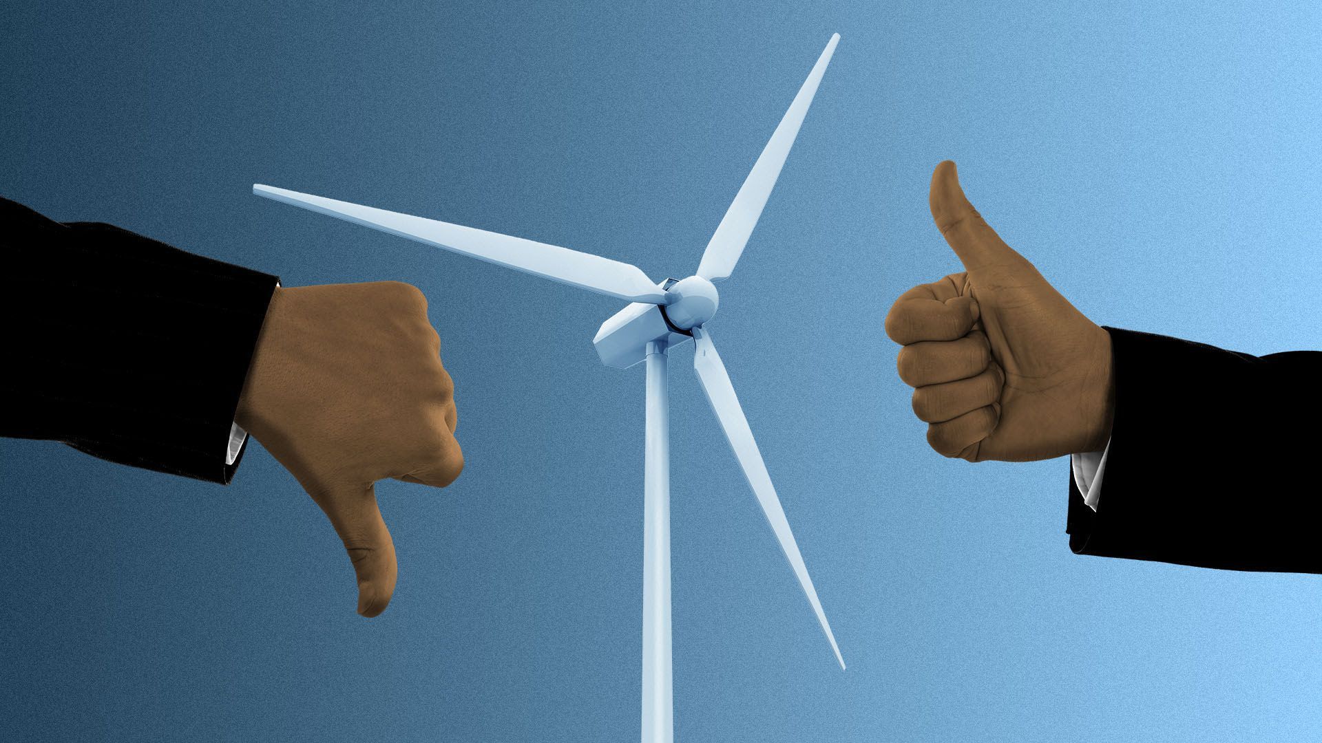 An illustration of a windmill and a thumbs up and down.