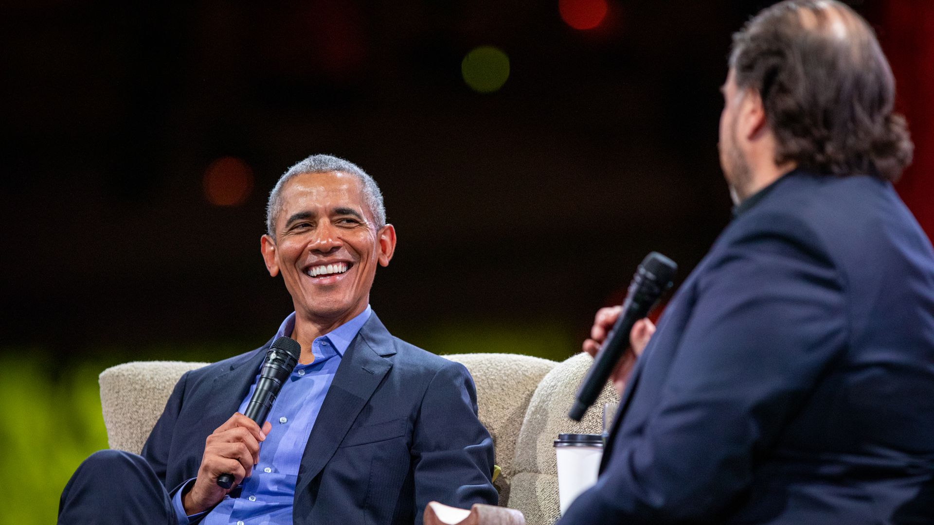 President Obama, speaking at Dreamforce 2019, with Salesforce co-CEO Marc Benioff