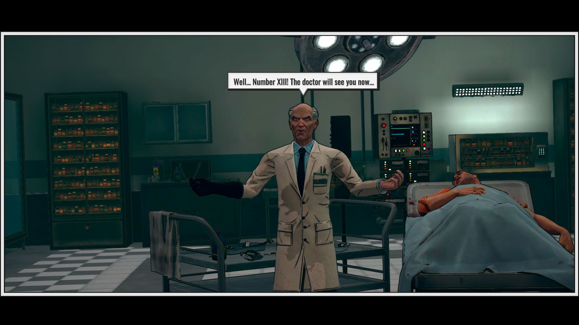 Video game screenshot of a doctor standing next to a patient