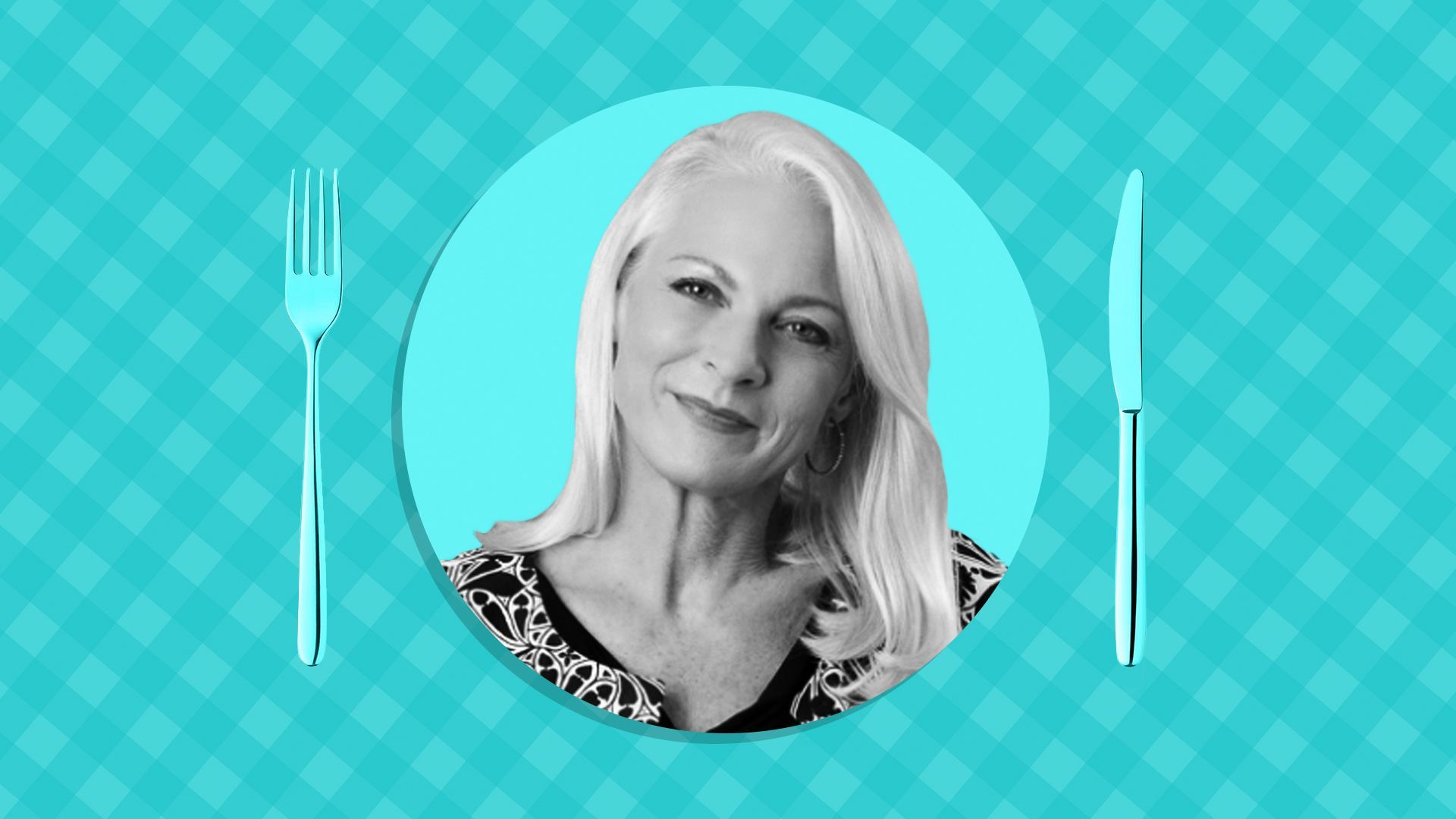 Photo illustration of Sharon Price John in front of a picnic table print background.