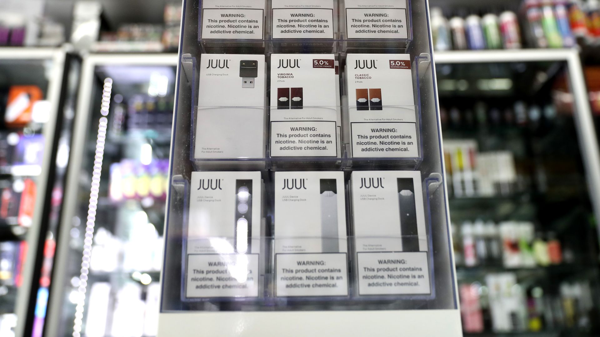 Juul products are displayed at Smoke and Gift Shop on October 17, 2019 in San Francisco, California.
