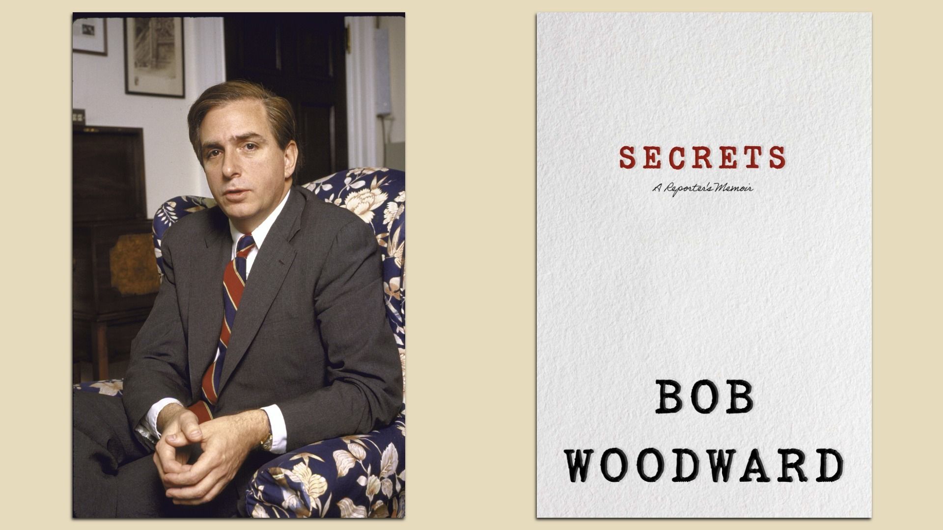 Dual-image of Richard Darman in his White House office in 1985 and the book cover of "Secrets" by Bob Woodward