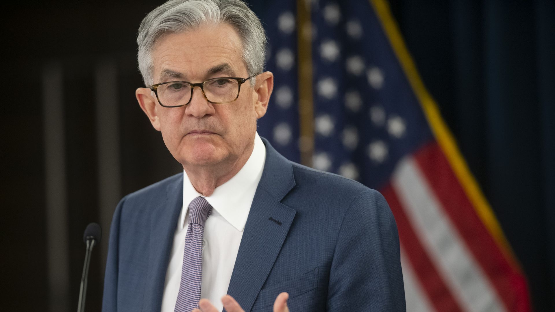 Fed chairman Jerome Powell stands at a podium during a speech on March 3, 2020 i