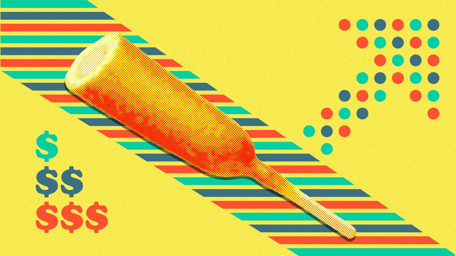 Illustration of a corn dog over a pattern of stripes, with dollar signs and an upward facing arrow.