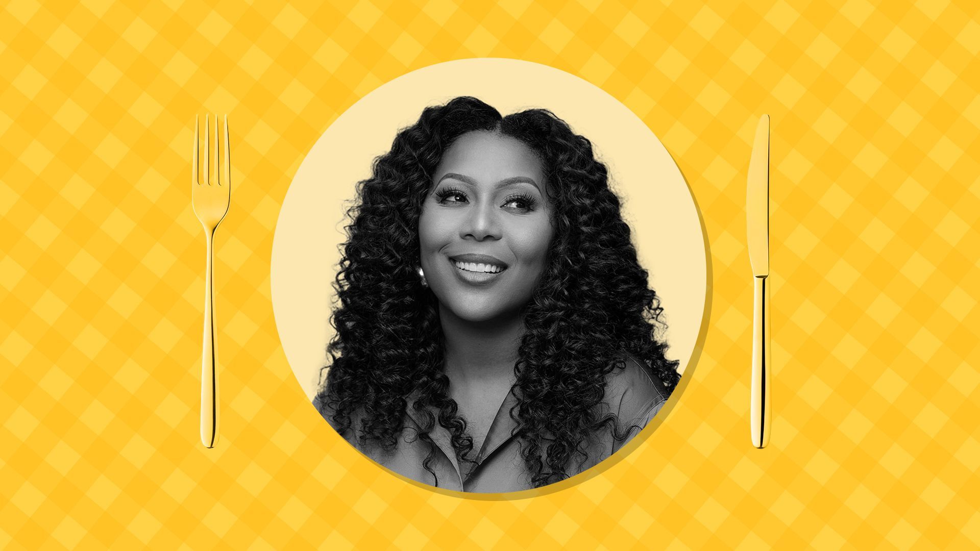 Photo illustration of Thai Randolph on a picnic table patterned background.