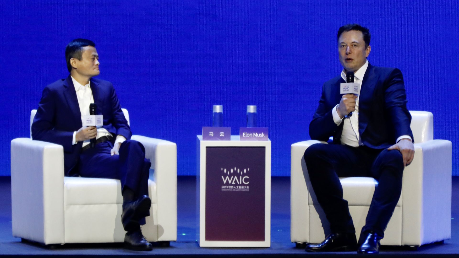 Alibaba Group Chairman Jack Ma and Tesla CEO Elon Musk at the World Artificial Intelligence Conference in Shanghai, China, Thursday. 