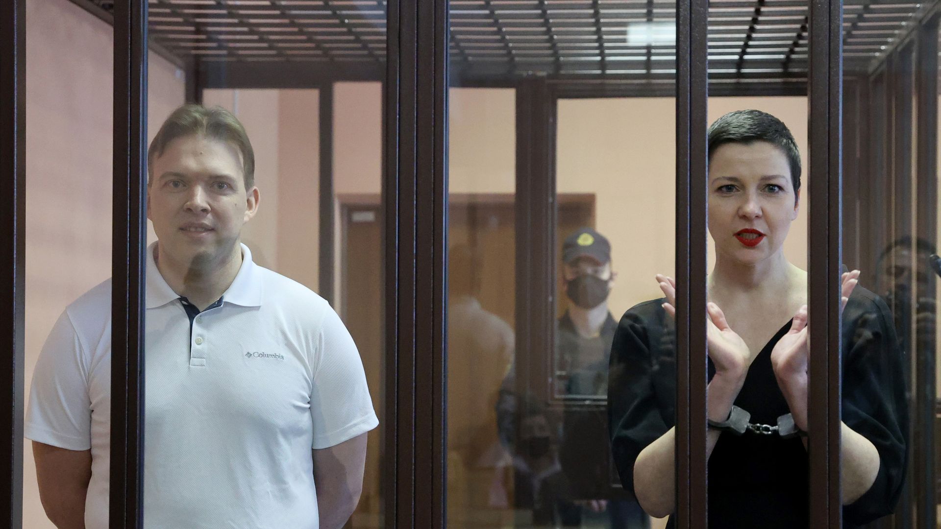 Belarusian opposition activists Maxim Znak and Maria Kolesnikova appear for a sentencing hearing at the Minsk Region Court