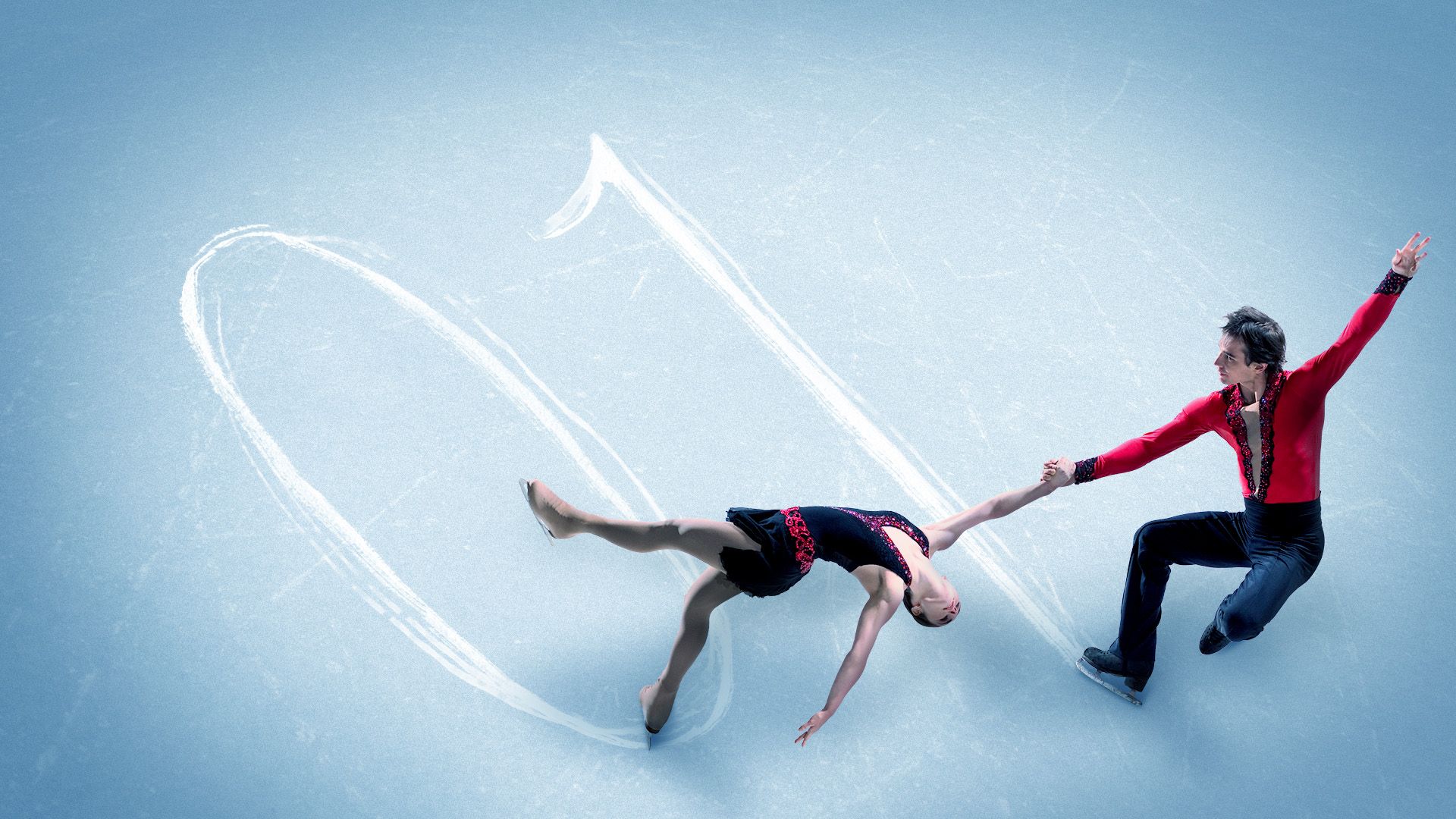 Illustration of two figure skaters on ice forming binary code skate marks