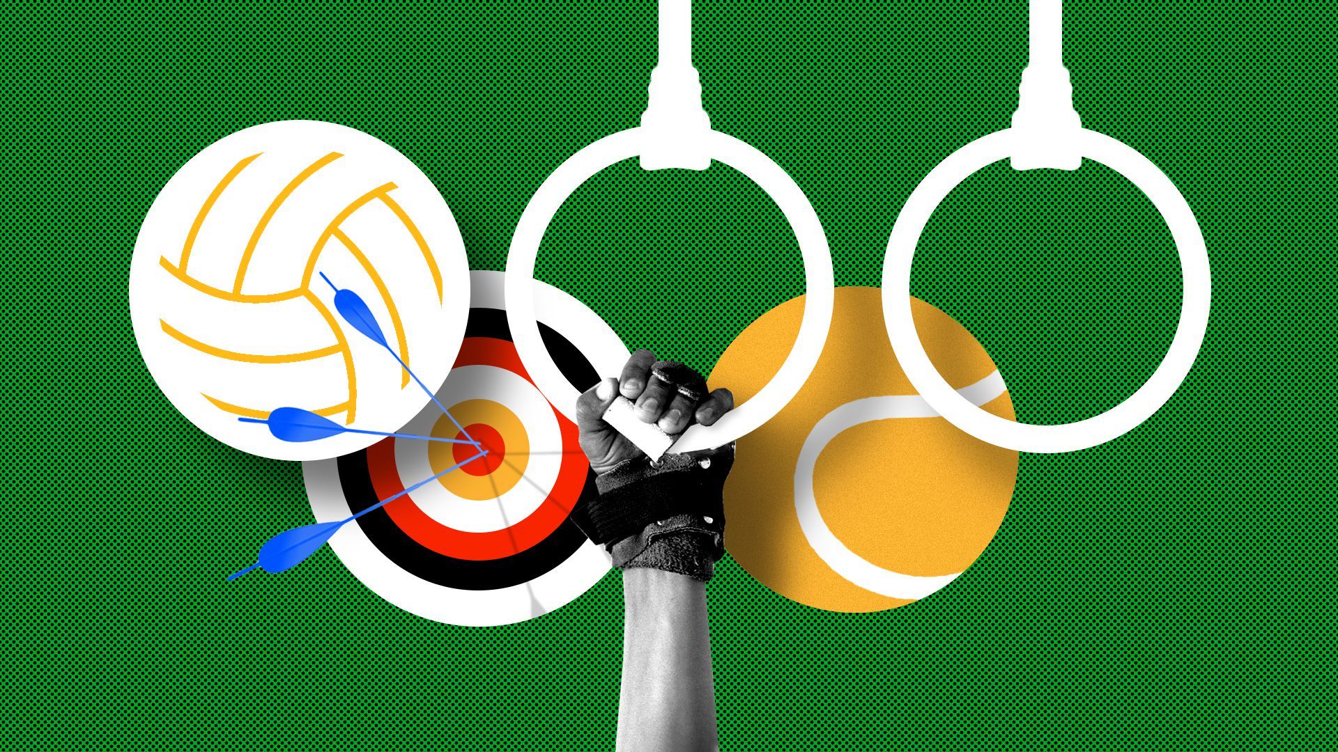 Illustration of various sports references such as a target, volleyball, and tennis ball, in the shape of the olympic rings