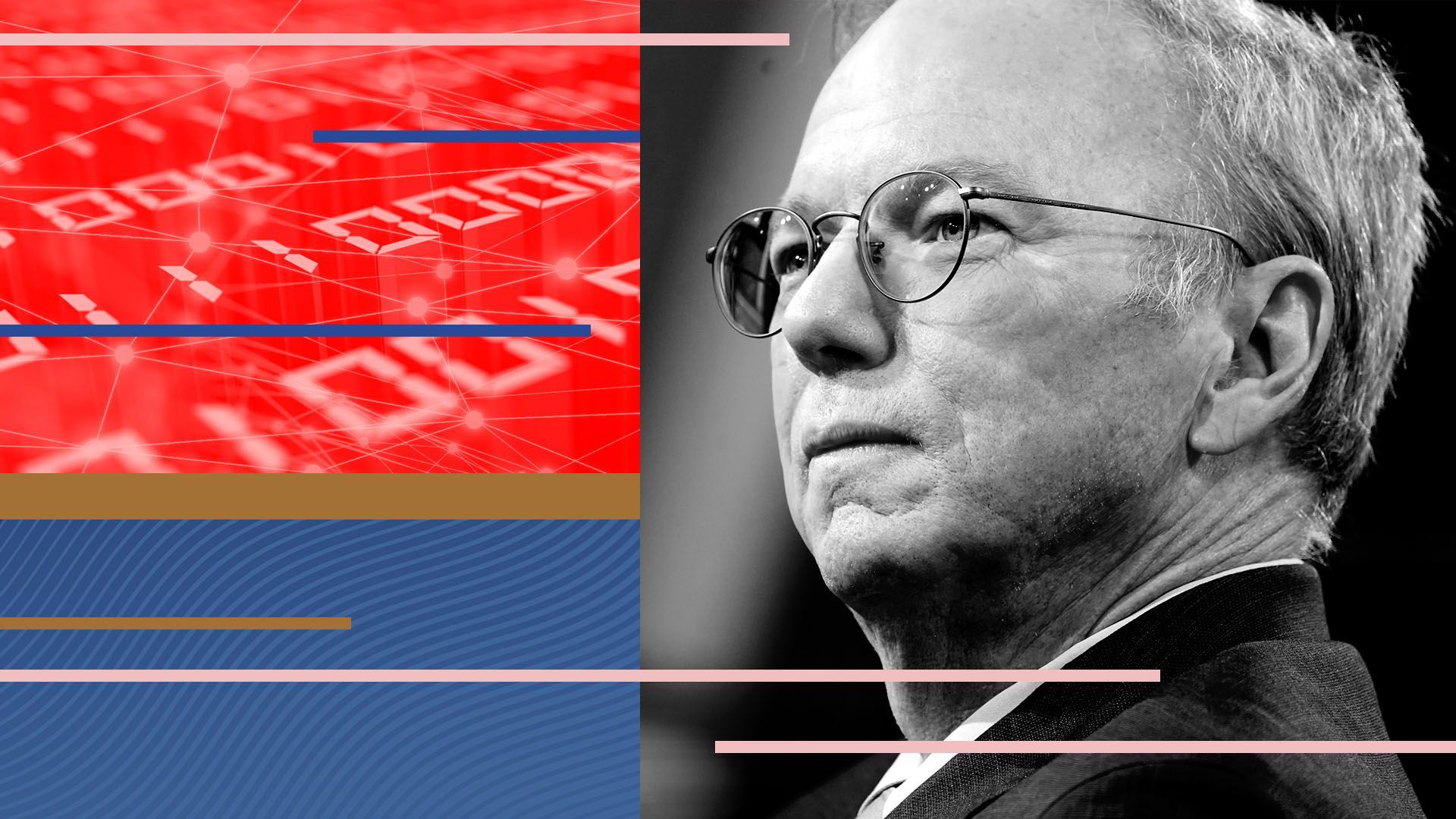 Photo illustration of Eric Schmidt with binary code and shapes