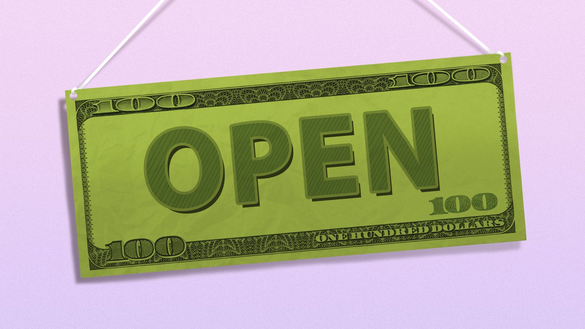 Illustration of a hundred dollar bill as an open sign