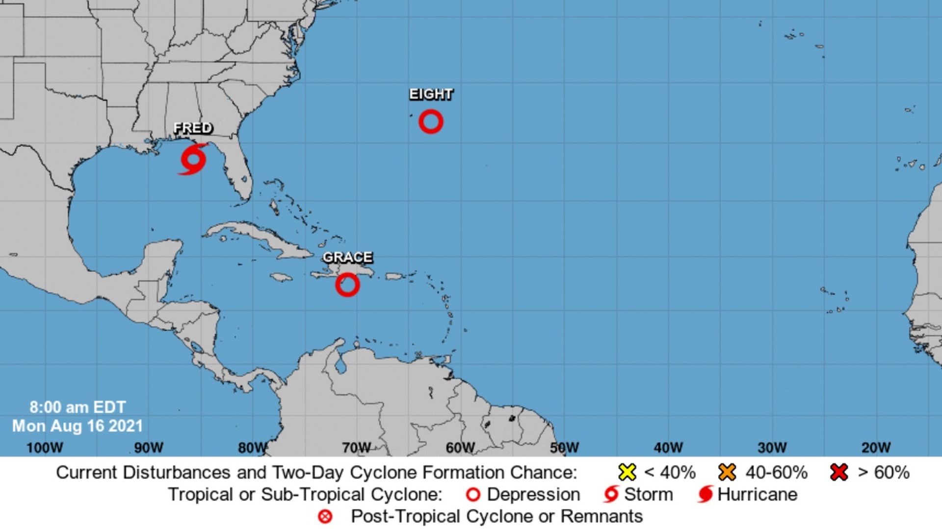 A map showing the locations of Tropical Depression Grace and Tropical Storm Fred. 