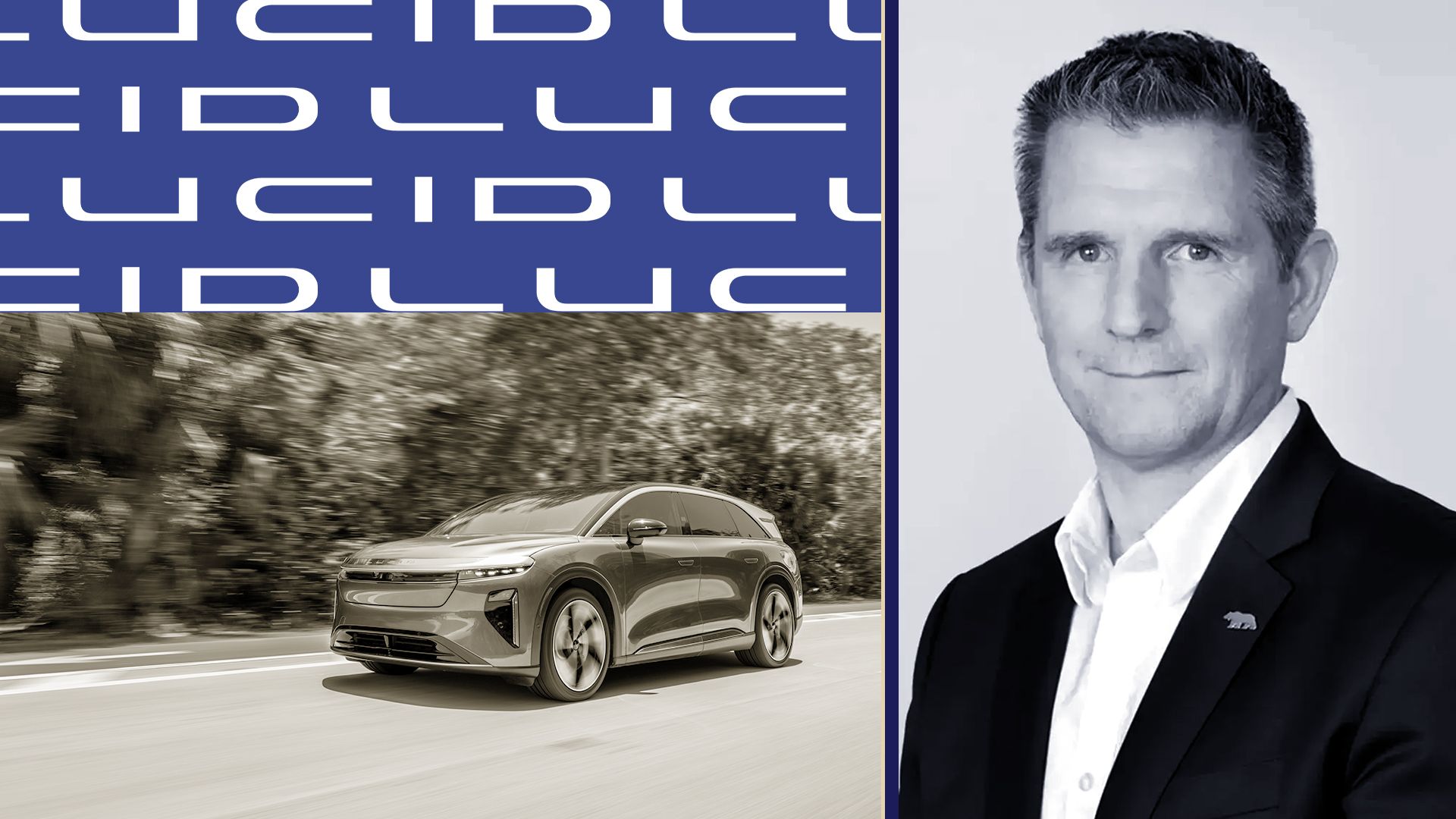 Photo illustration of Marc Winterhoff beside a Lucid Motors vehicle and logos.