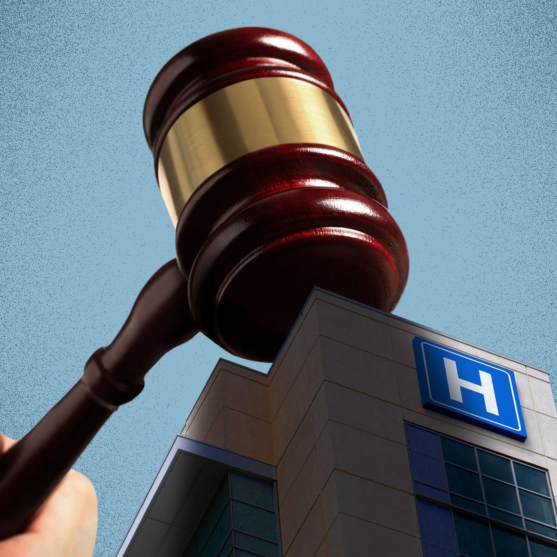 Illustration of a gavel coming down on a hospital. 