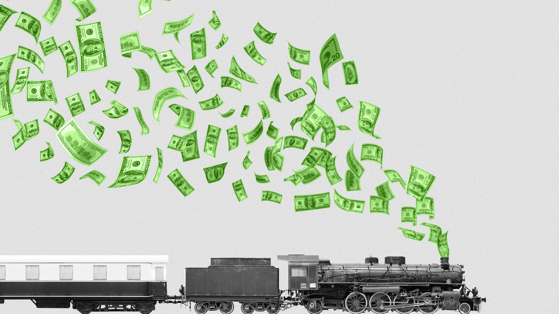 Illustration of a train with cash flying out of it.