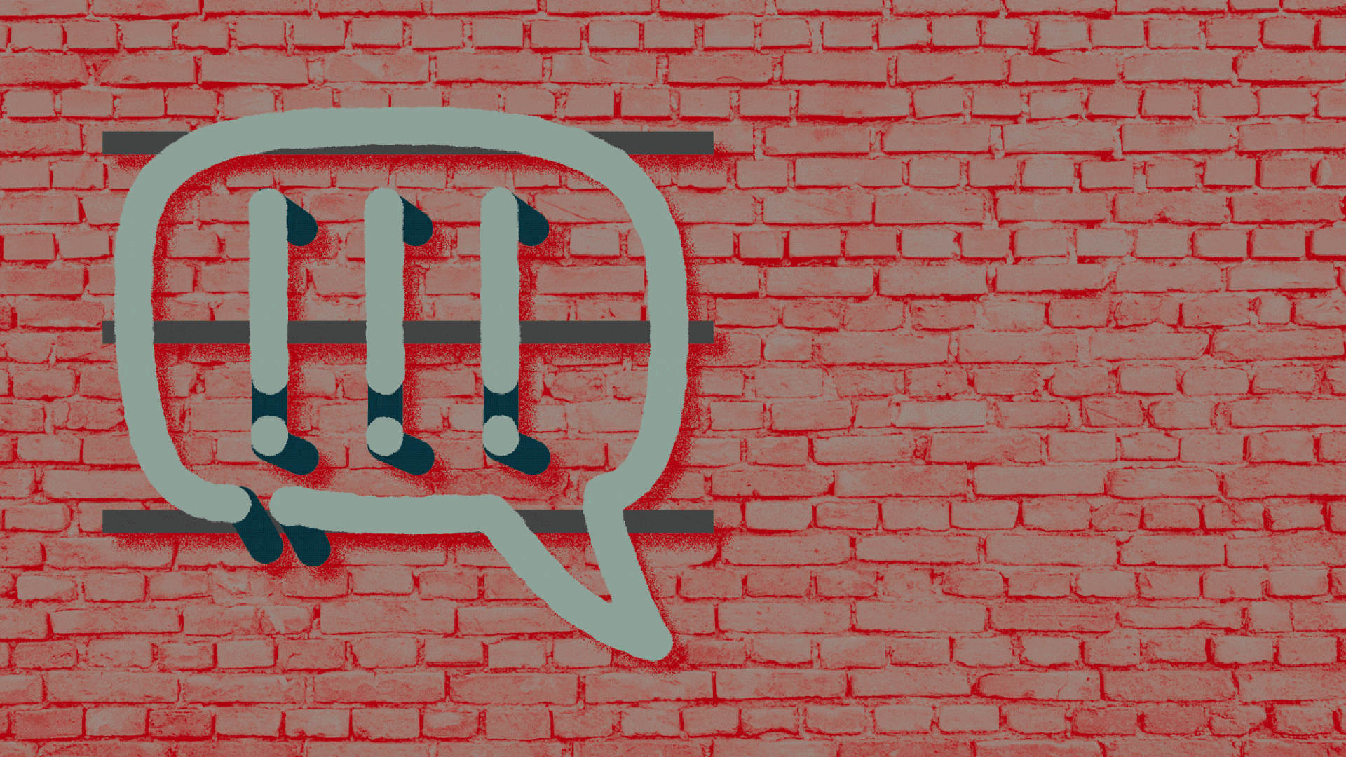 Animated illustration of a neon sign on a brick wall in the shape of a word balloon with three exclamation points in it blinking, and a cut to a concrete wall with a word balloon with three exclamation points in it being spray painted on it.