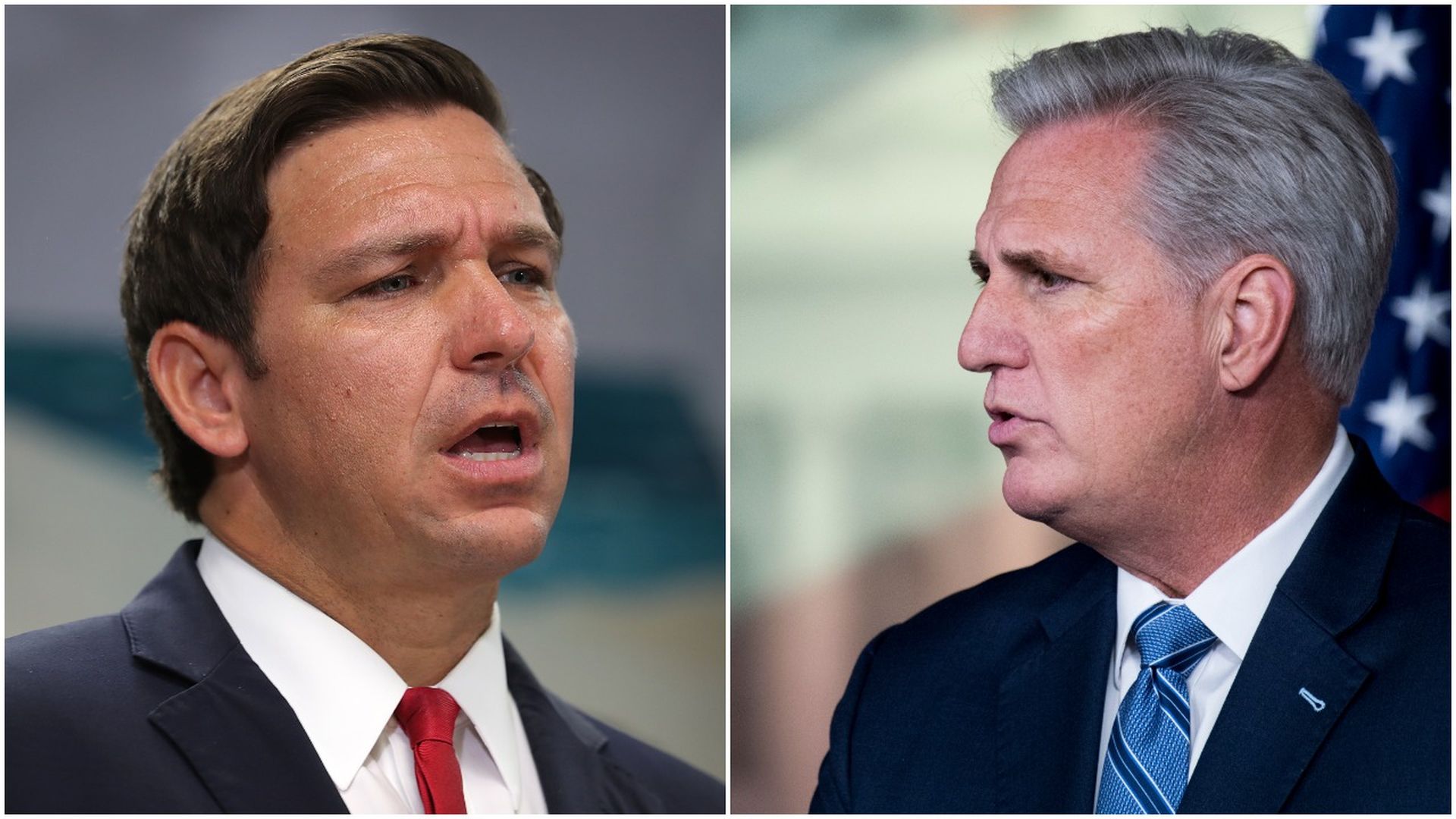 this image is a split screen of DeSantis and McCarthy 