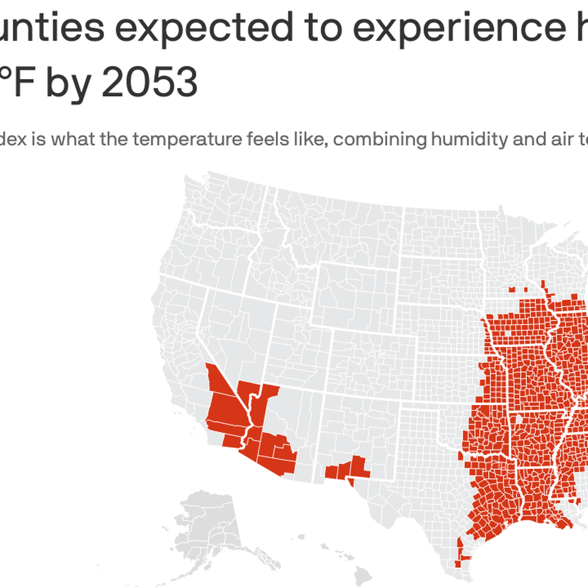 A map showing the U.S. counties that will experience 125-degree heat by 2053.