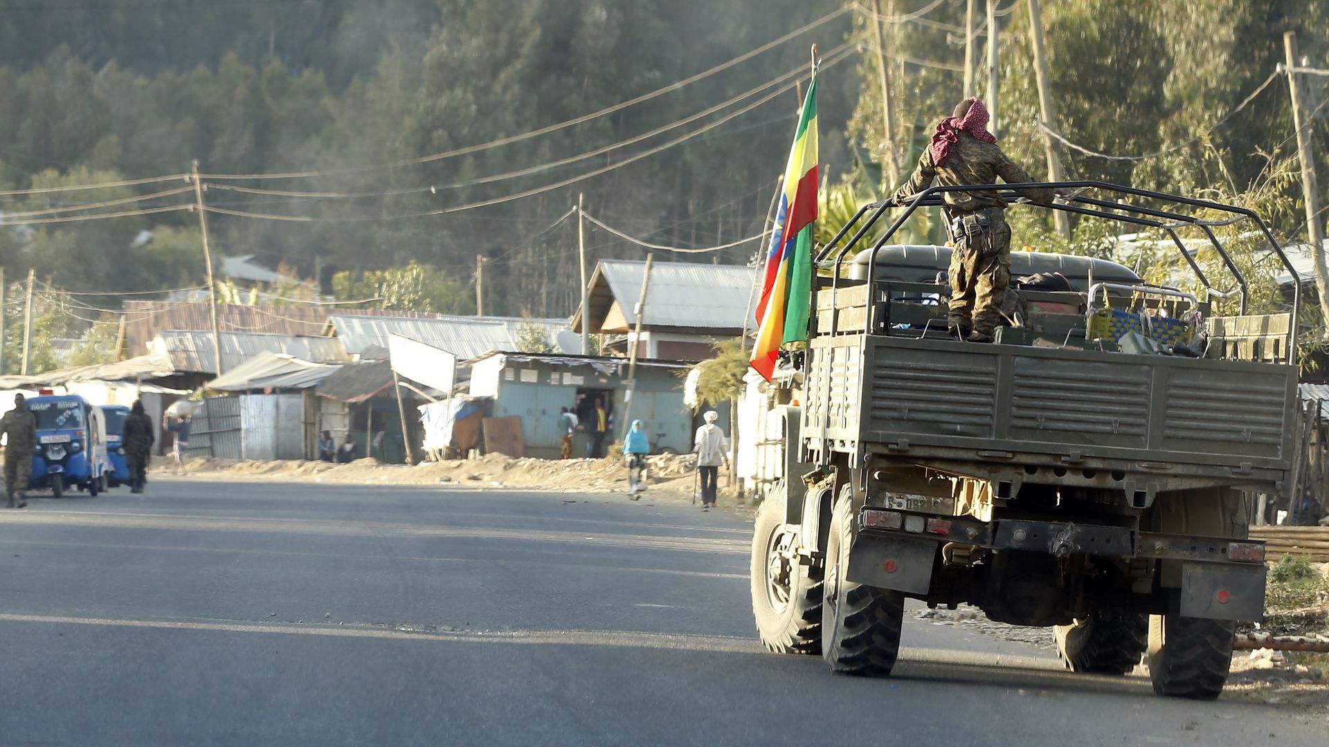 Ethiopian security forces patrol at street after Ethiopian army took control of Hayk town of Amhara city from the rebel Tigray People's Liberation Front (TPLF) in Ethiopia on December 16, 2021.